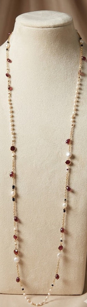 Rudy Long Chain Necklace with Black Onyx, Garnet and Freshwater Pearls