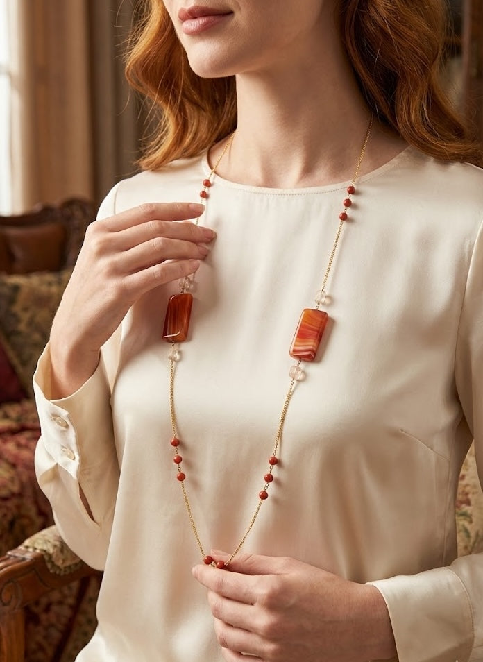 Bold Orange Onyx & Carnelian Statement Long Necklace