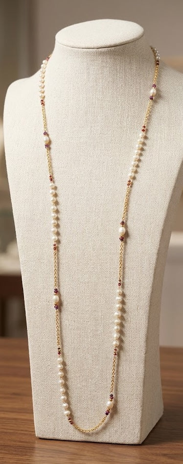 Radiant Pearl Ruby Long Chain Necklace