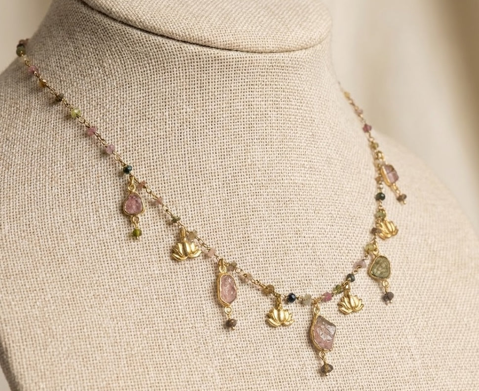 Elegant Long Chain Necklace with Tourmaline Stones