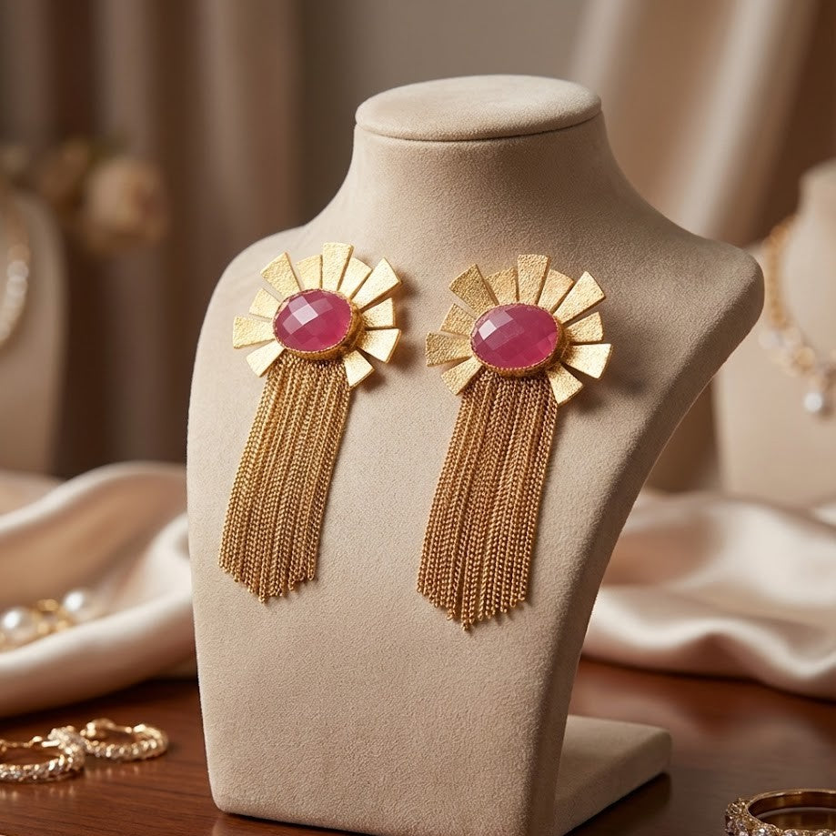 Handmade Metal blast Earrings 18k Gold Plate & natural stones 51 mm