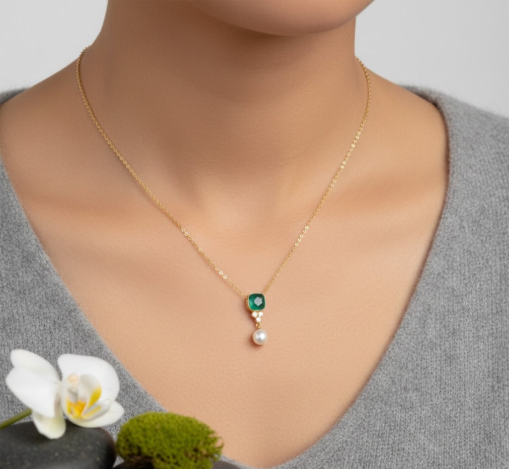 Fine One Necklace: Radiant Green Onyx and Pearl Elegance