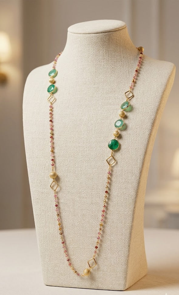 Mystic Gemstone Long Necklace With Labradorite, Amethyst And Tiger Eye Gemstones