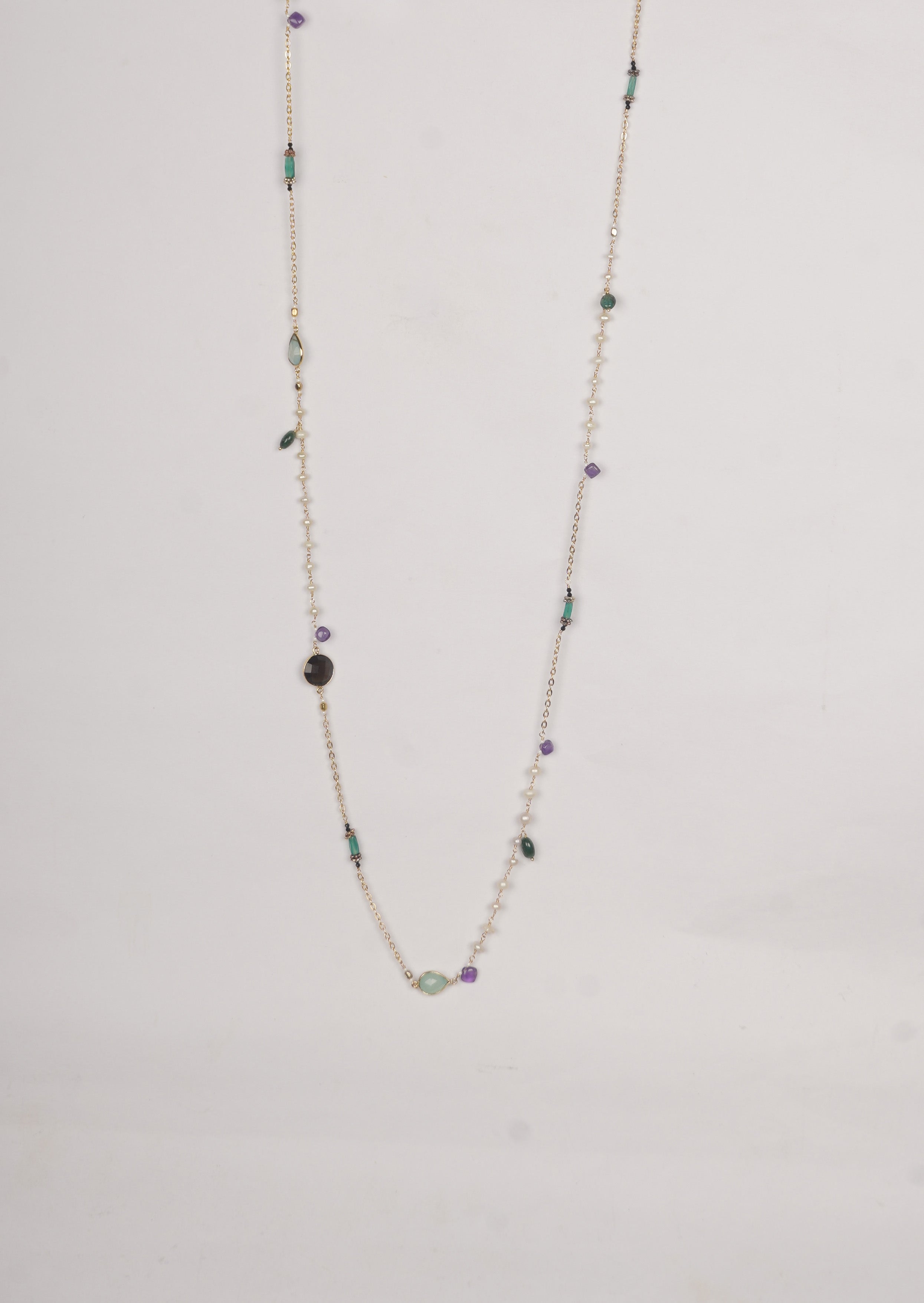 Eternal Amethyst Long Necklace - Chalcedony, Black Onyx And Freshwater Pearls