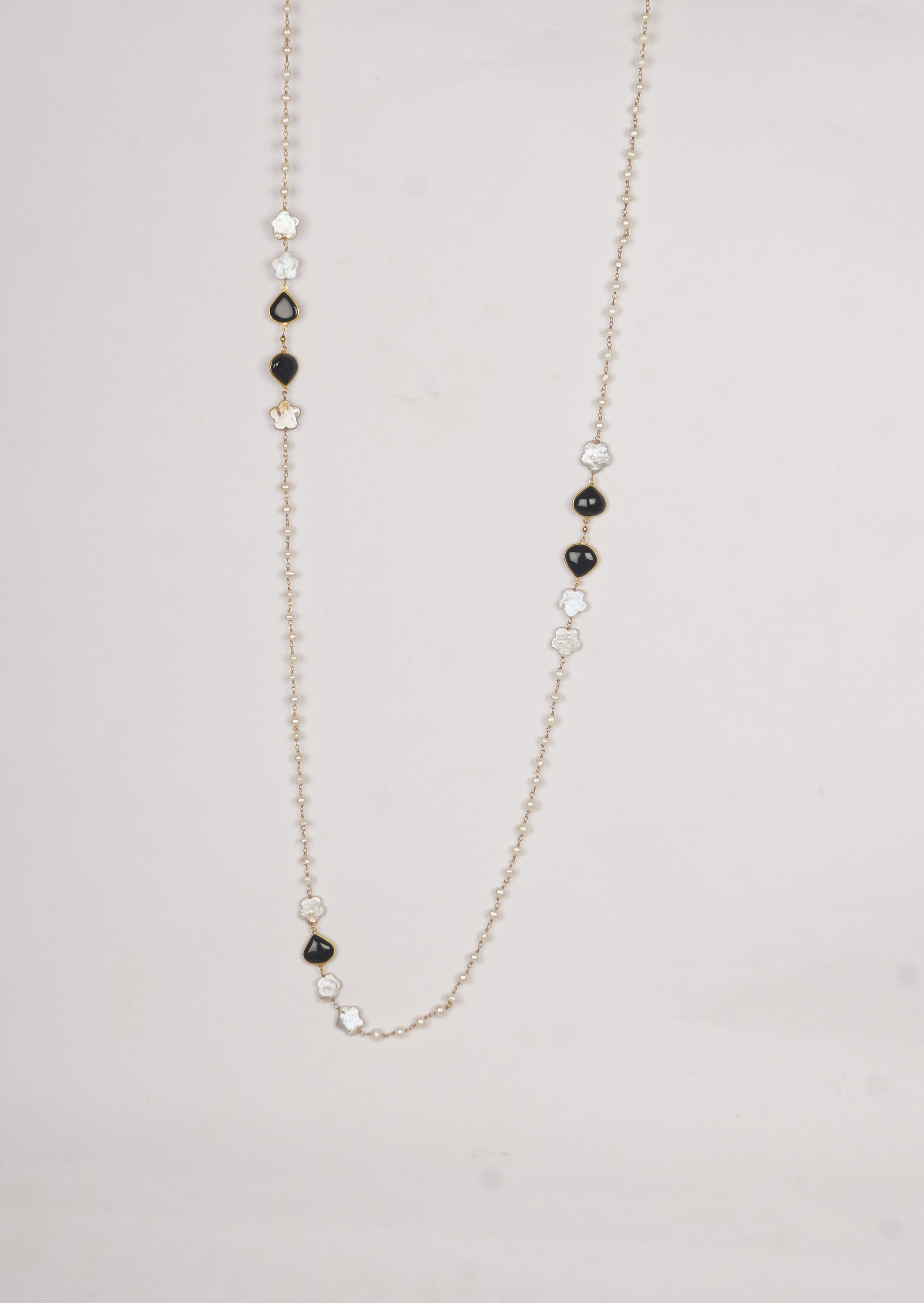 Elegant Freshwater Pearl Long Necklace: 1152mm Design with Black Onyx & Labradorite