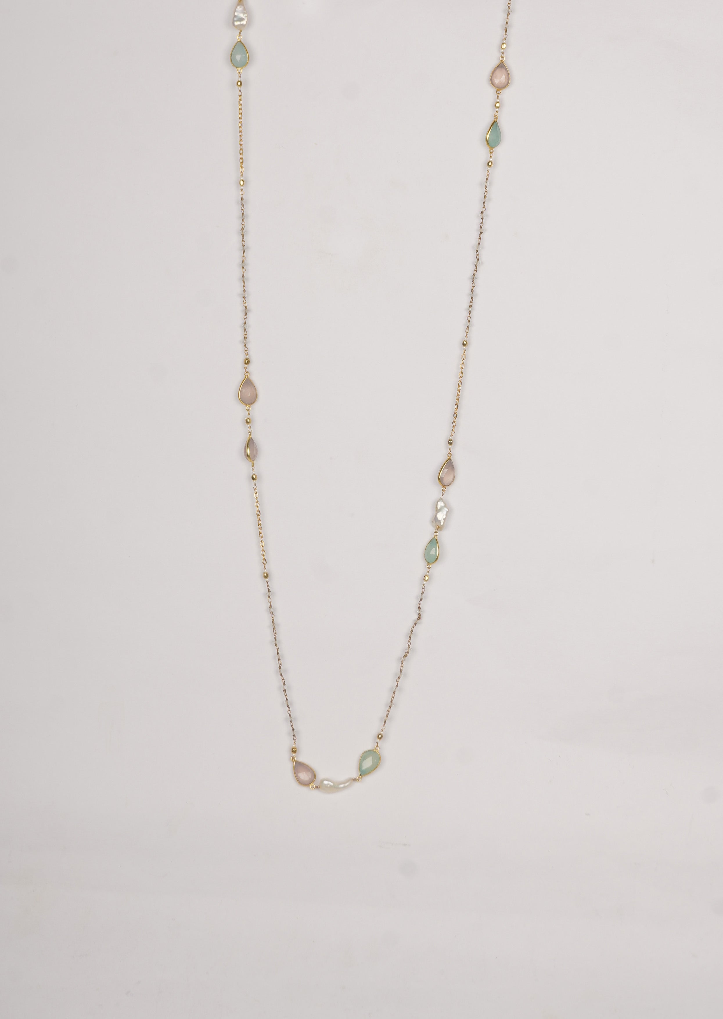 Ethereal Ladradorite Pearls Long Chain Necklace with Rose Quartz And Chalcedony