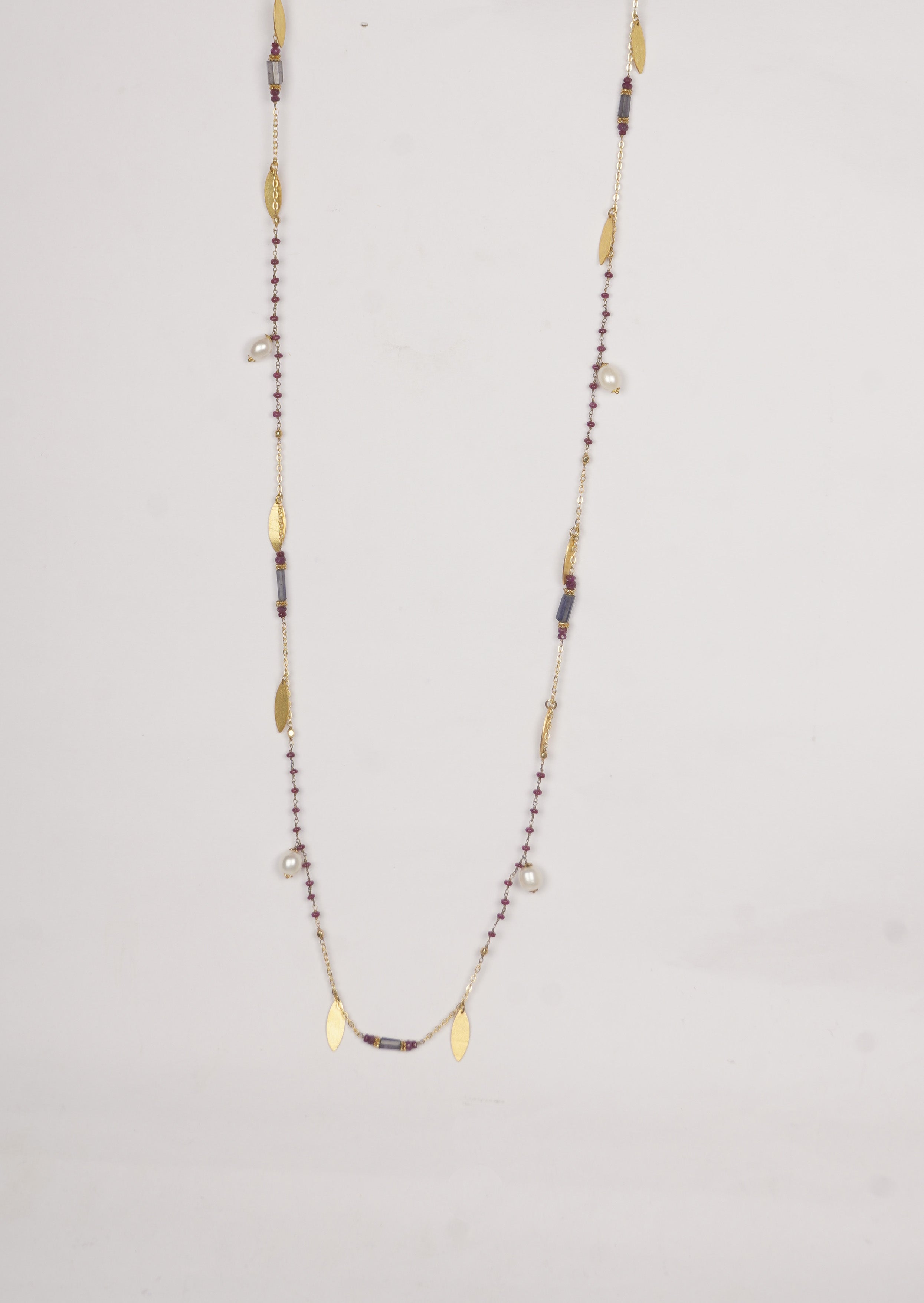 Eternal Ruby Glow Long Chain Necklace with Lolite, and Freshwater Pearls