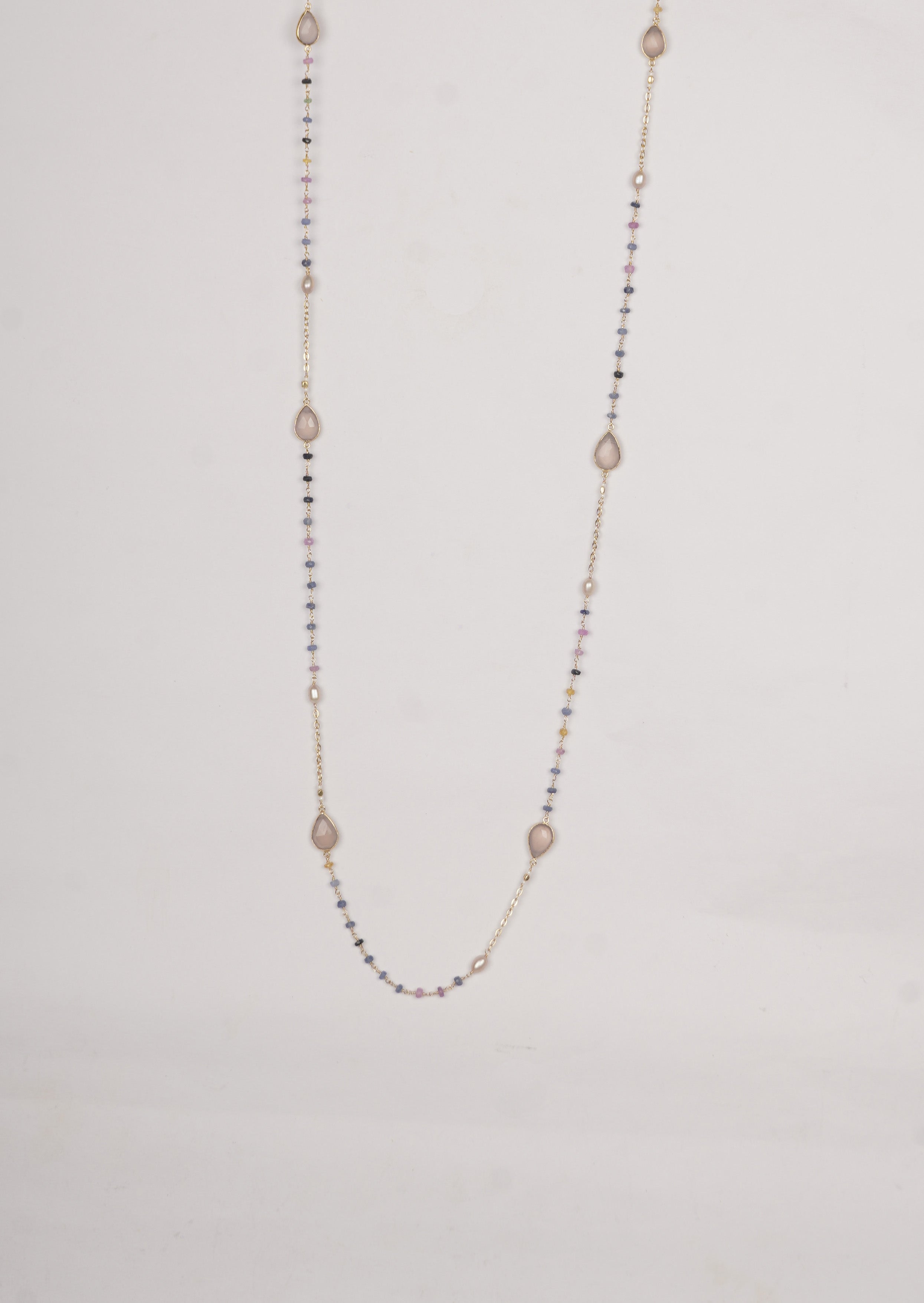 Celestial Sapphire Radiance Long Necklace: 1170mm with Multi-Sapphire, Rose Quartz & Freshwater Pearls