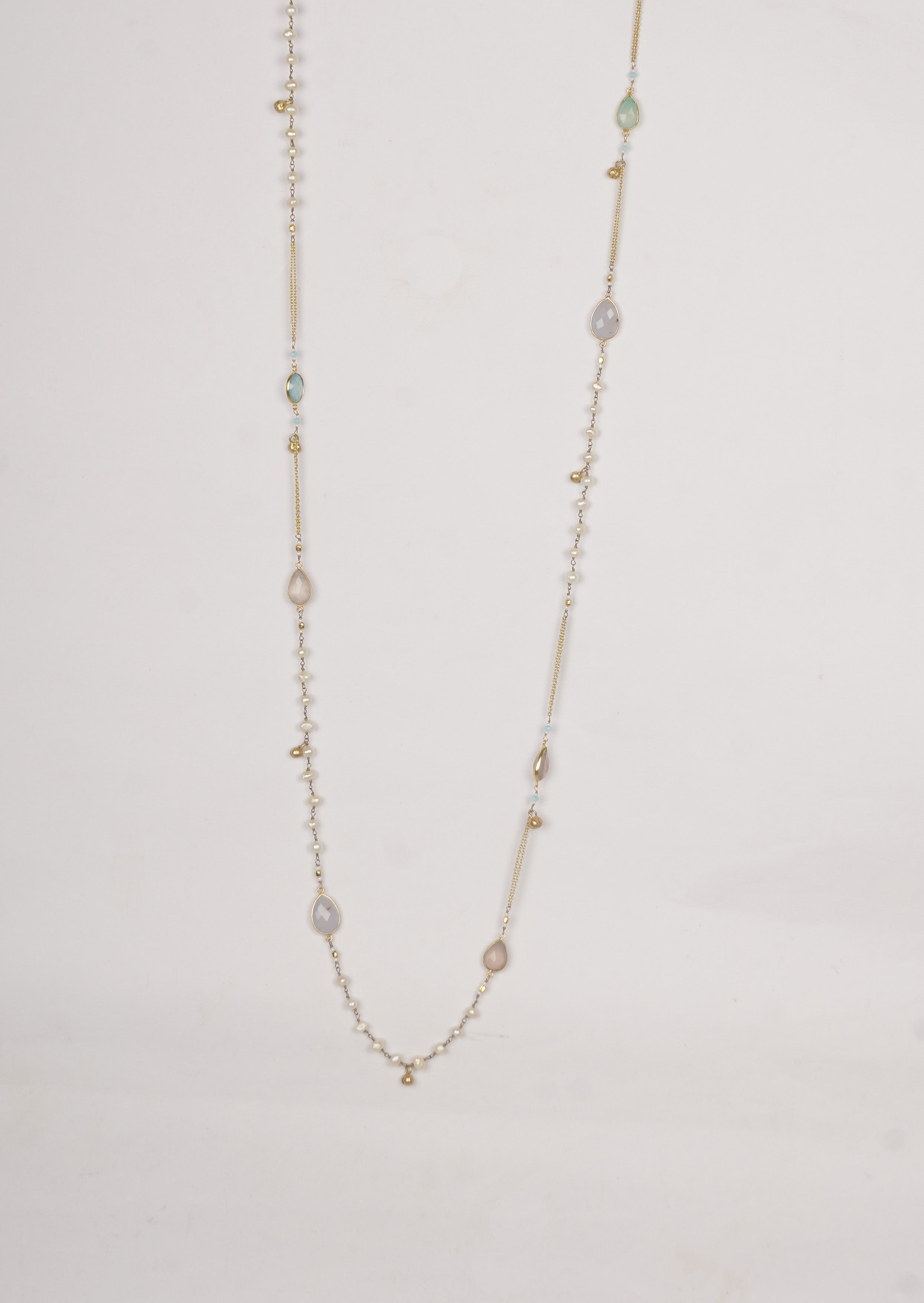 Eternal Elegance Long Necklace - Freshwater Pearls, Chalcedony And Rose Quartz