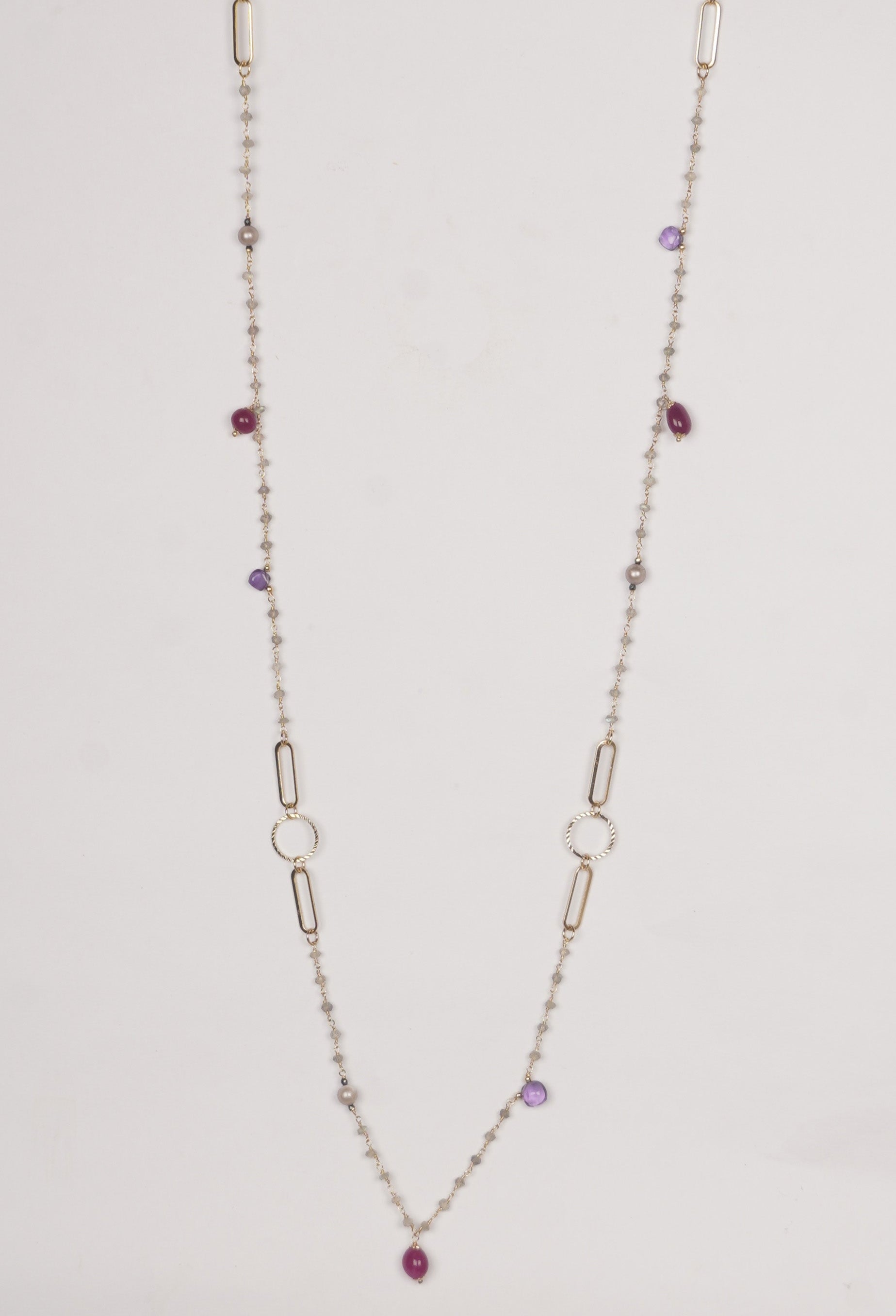 Celestial Gemstone Elegance Long Necklace: 1155mm Labradorite, Ruby, Pearl & Amethyst