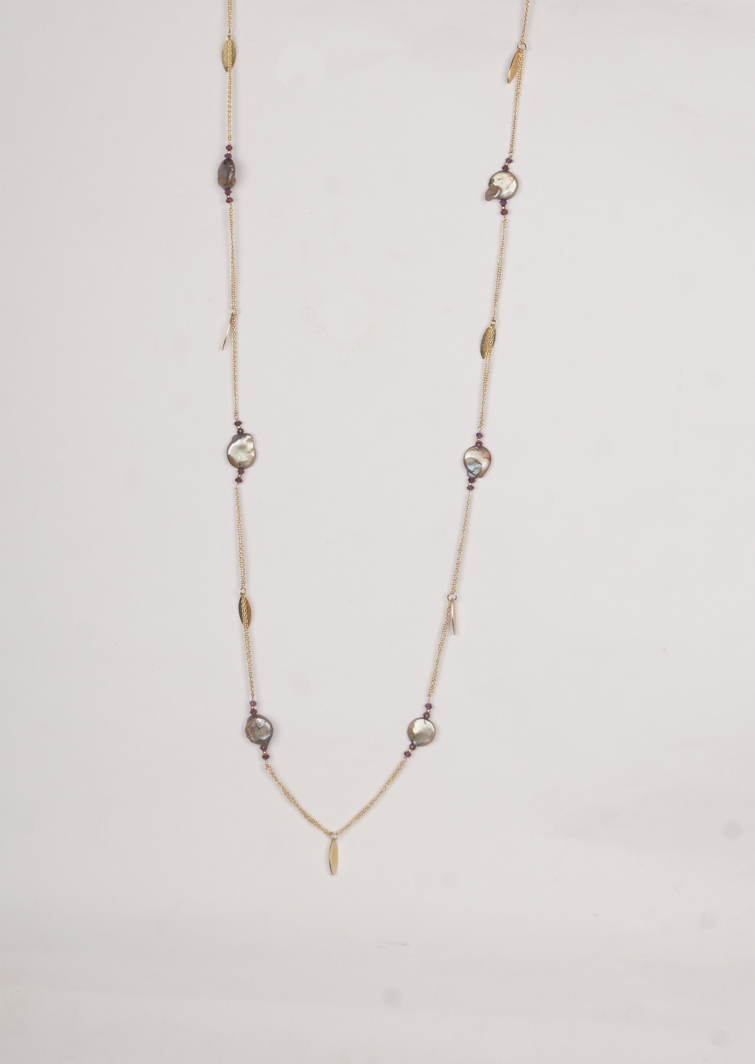 Majestic Coin Radiance Long Chain Necklace With Exquisite Coin Pearls and Rodoilte Gemstones