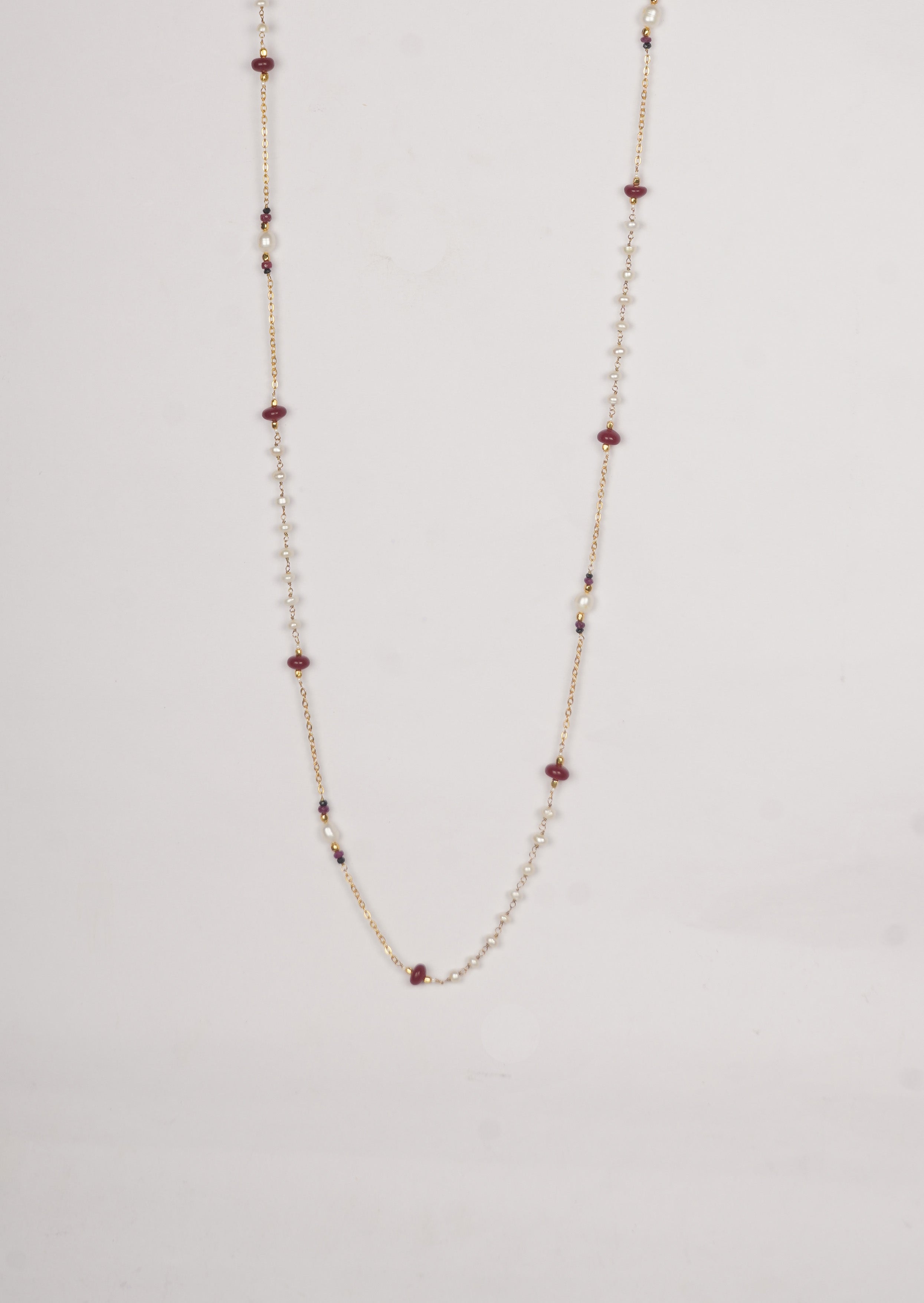 Radiant Ruby Luxe Long Chain Necklace With Freshwater Pearls