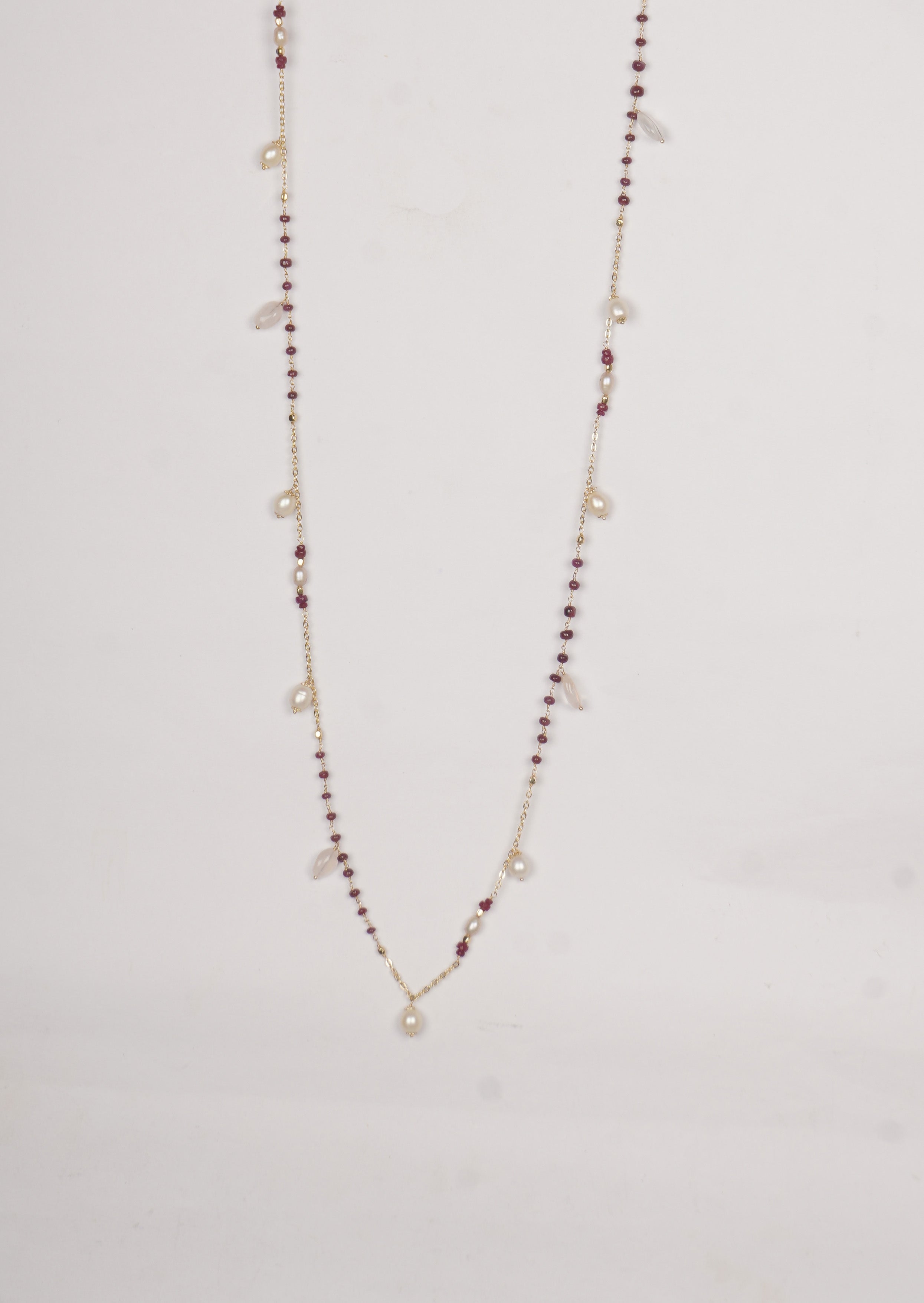 Radiant Ruby Enchantment Long Chain Necklace With Freshwater Pearl And Rose Quartz
