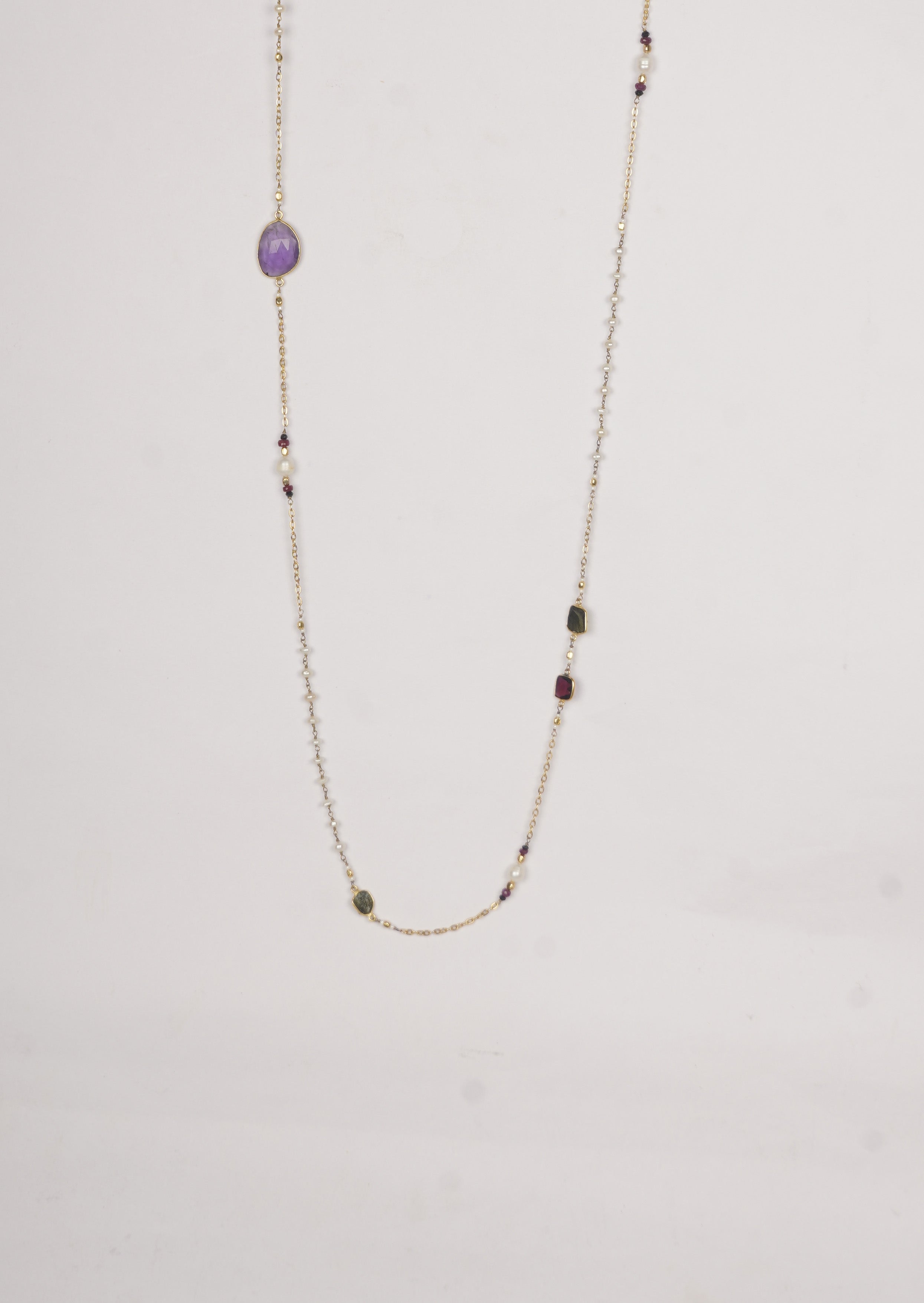 Luminous Pearl Garnet Long Chain Necklace
