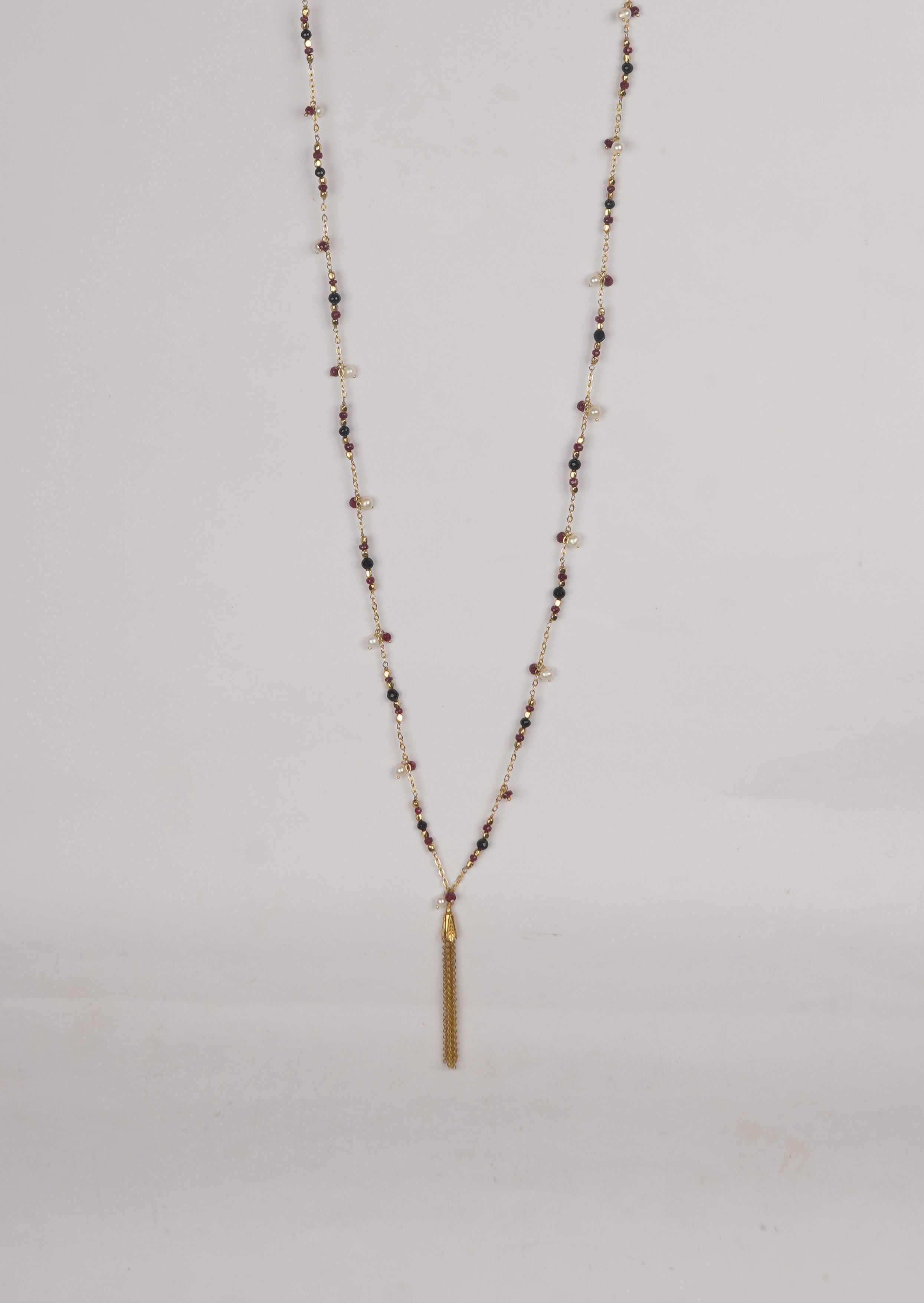 Eternal Ruby Onyx Long Chain Necklace with Lustrous Freshwater Pearls