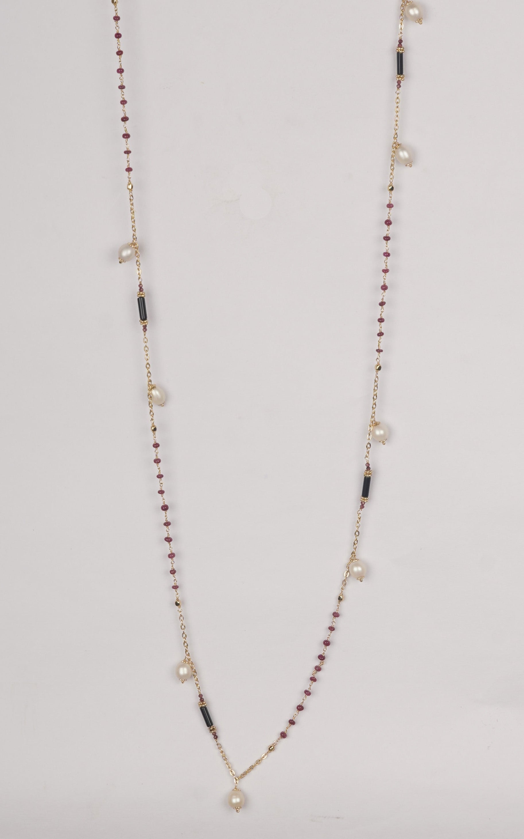 Luxury Long Chain Necklace - Rudy, Black Onyx and Freshwater Pearls