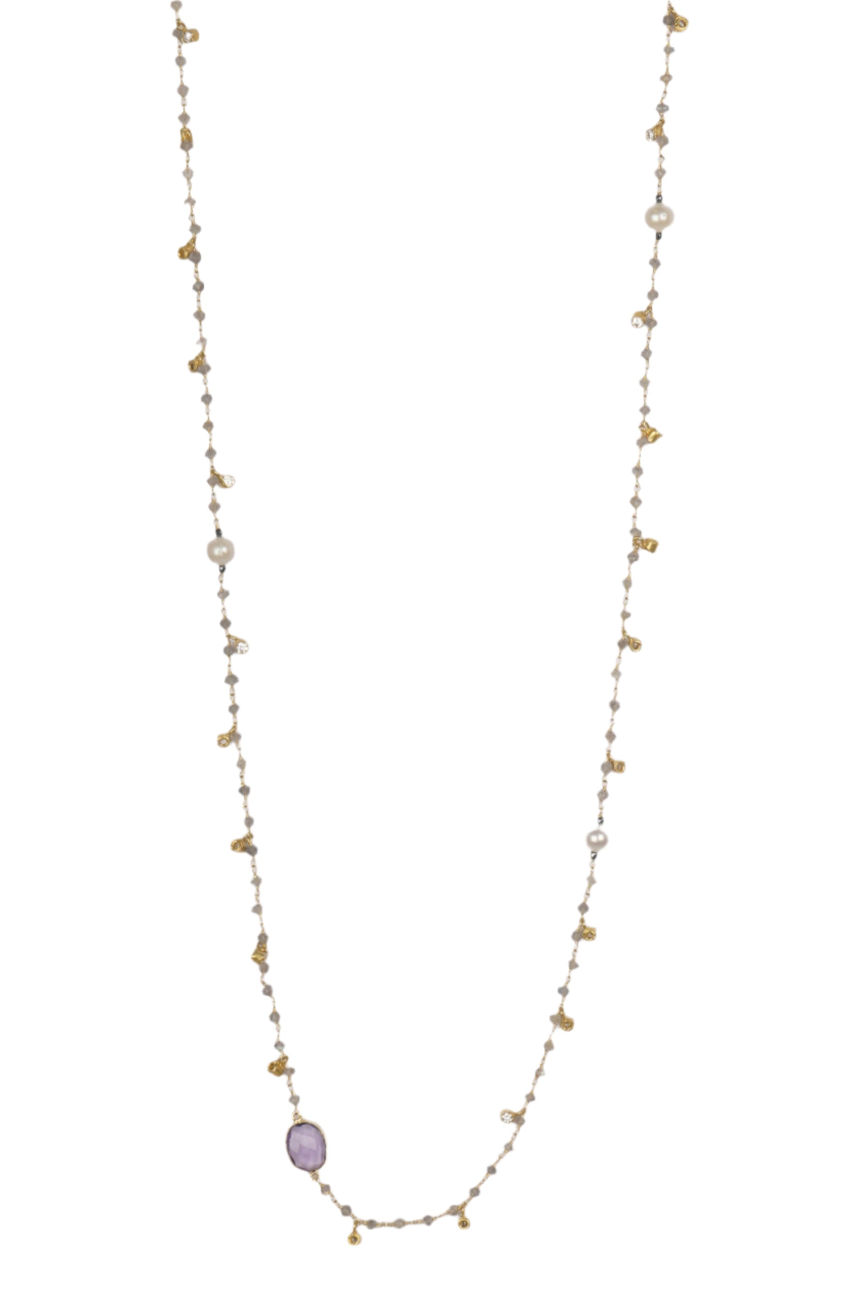 Luxury Long Chain Necklace with Labradorite, Amethyst & Freshwater Pearls – 1160mm