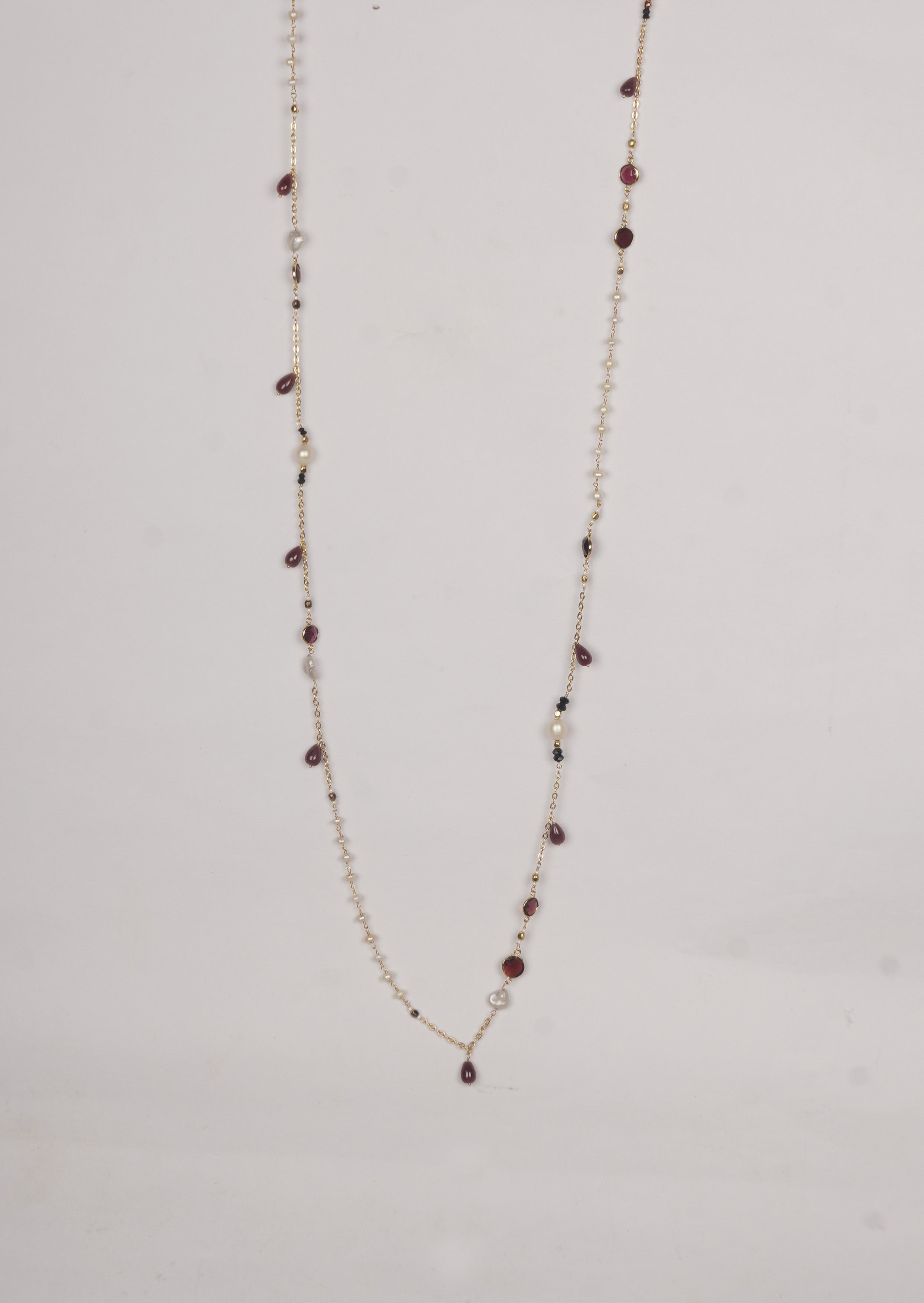 Rudy Long Chain Necklace with Black Onyx, Garnet and Freshwater Pearls