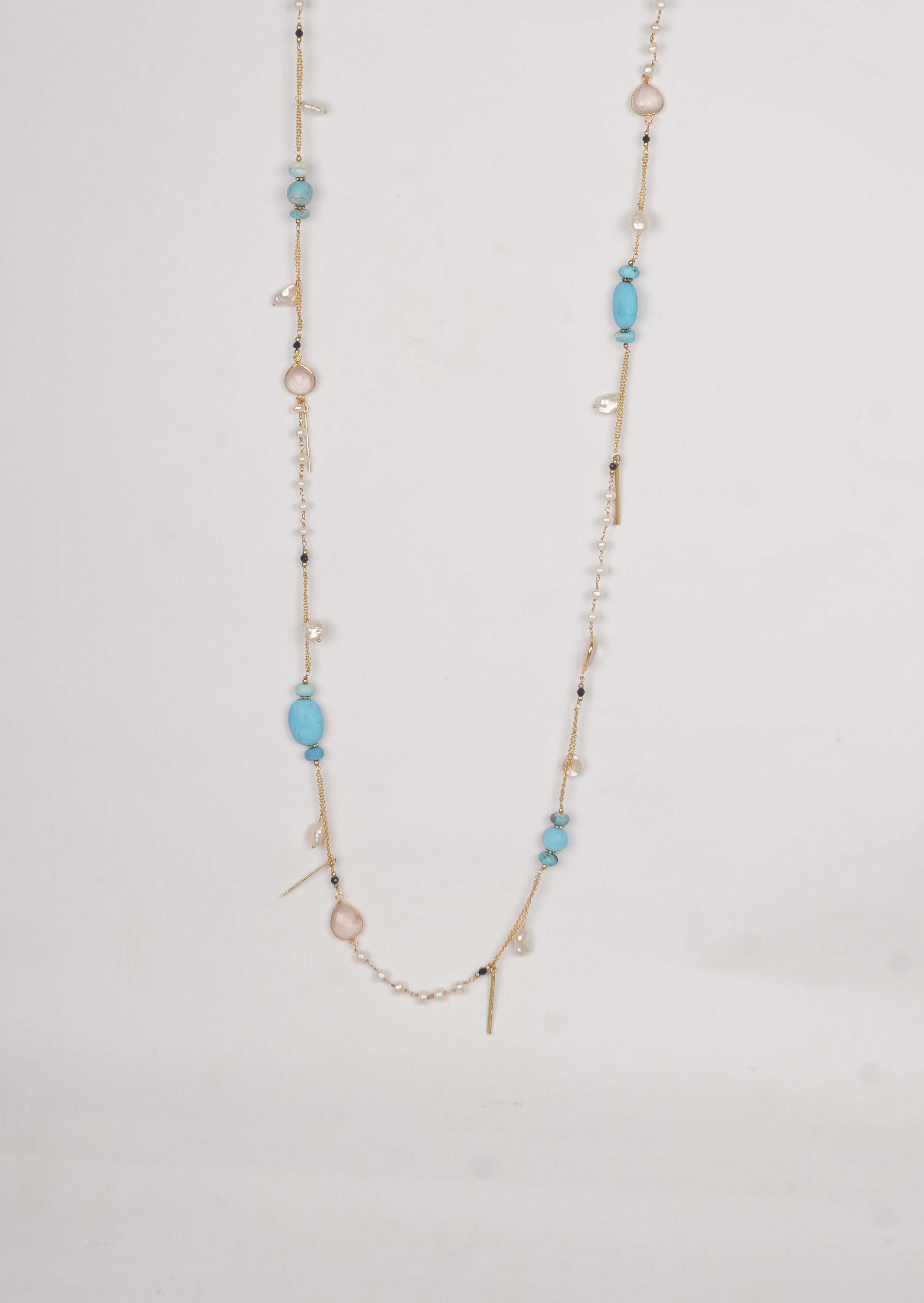 Eternal Elegance Long Necklace - Turquoise, Baroque Pearls, Rose Quartz