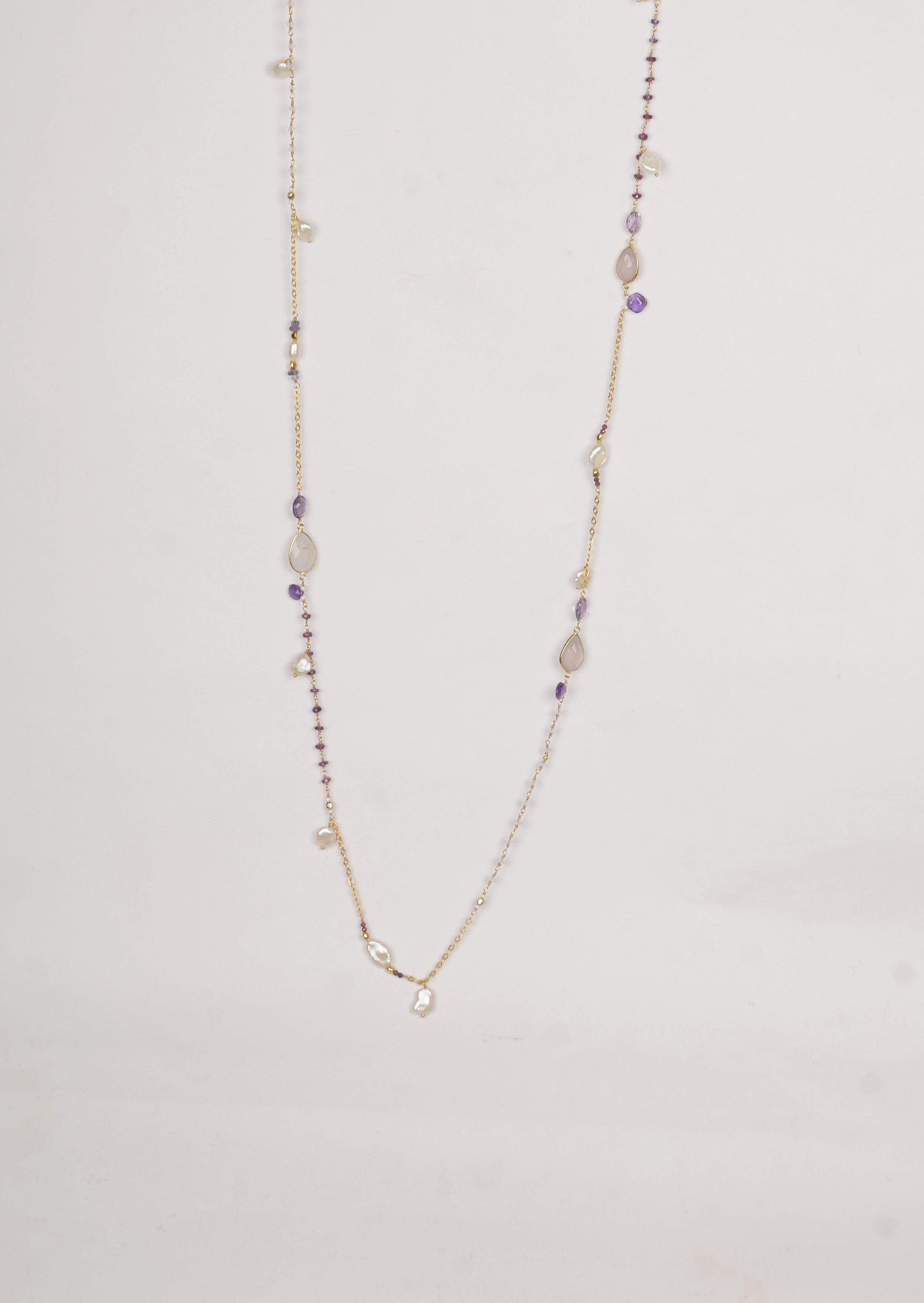 Luxury Amethyst Long Chain Necklace with Baroque Pearls, and Rose Quartz