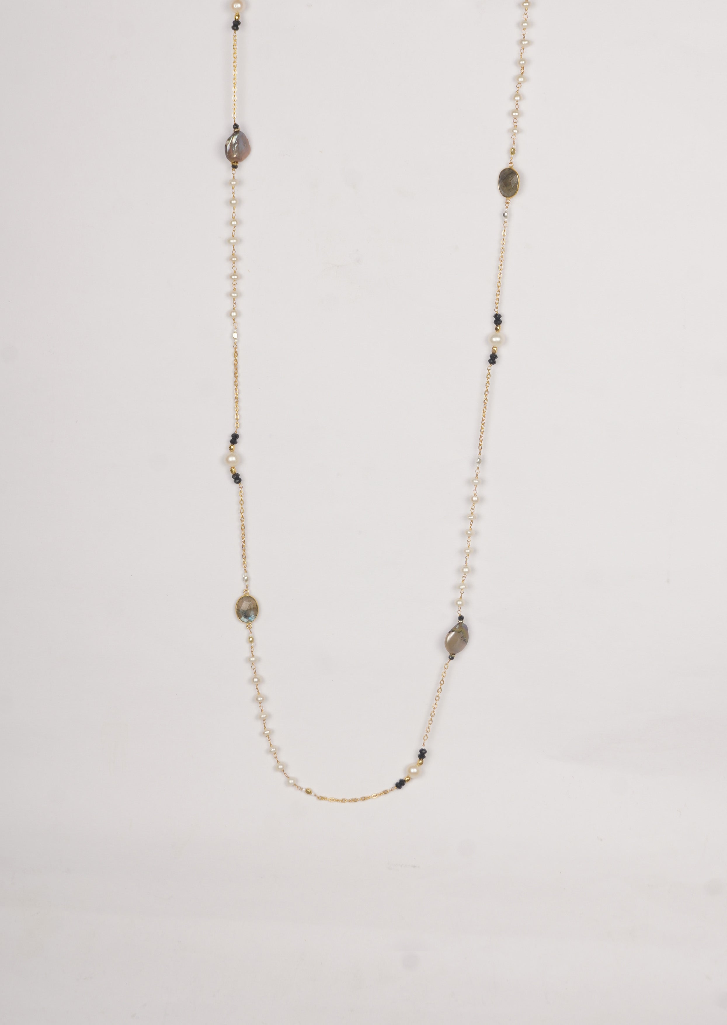 Eternal Radiance Pearl Long Chain Necklace - Multi-colored Sapphires And Rose Quartz