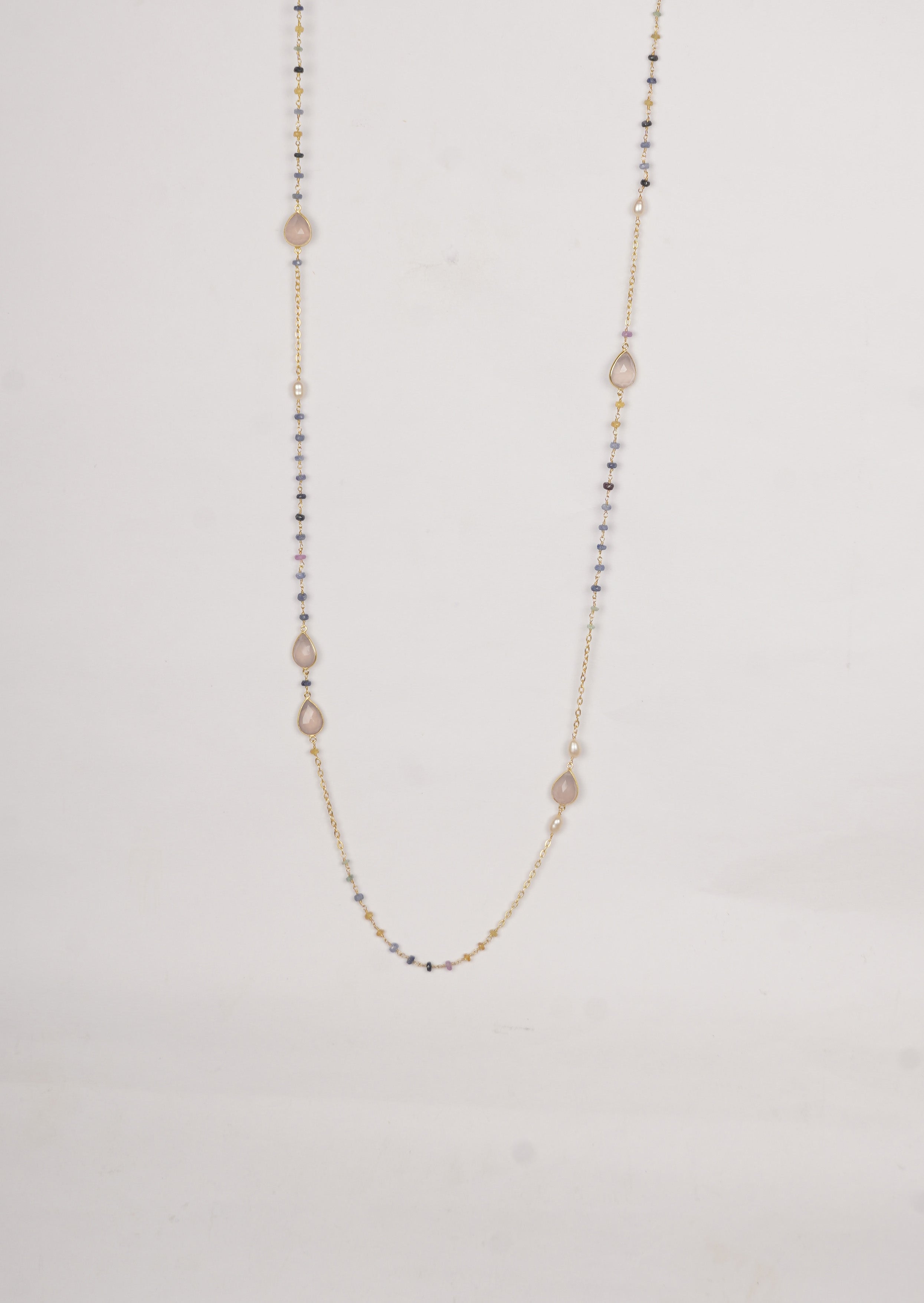 Eternal Rose Quartz Long Chain Necklace with Multi-colored Sapphires and Pearls