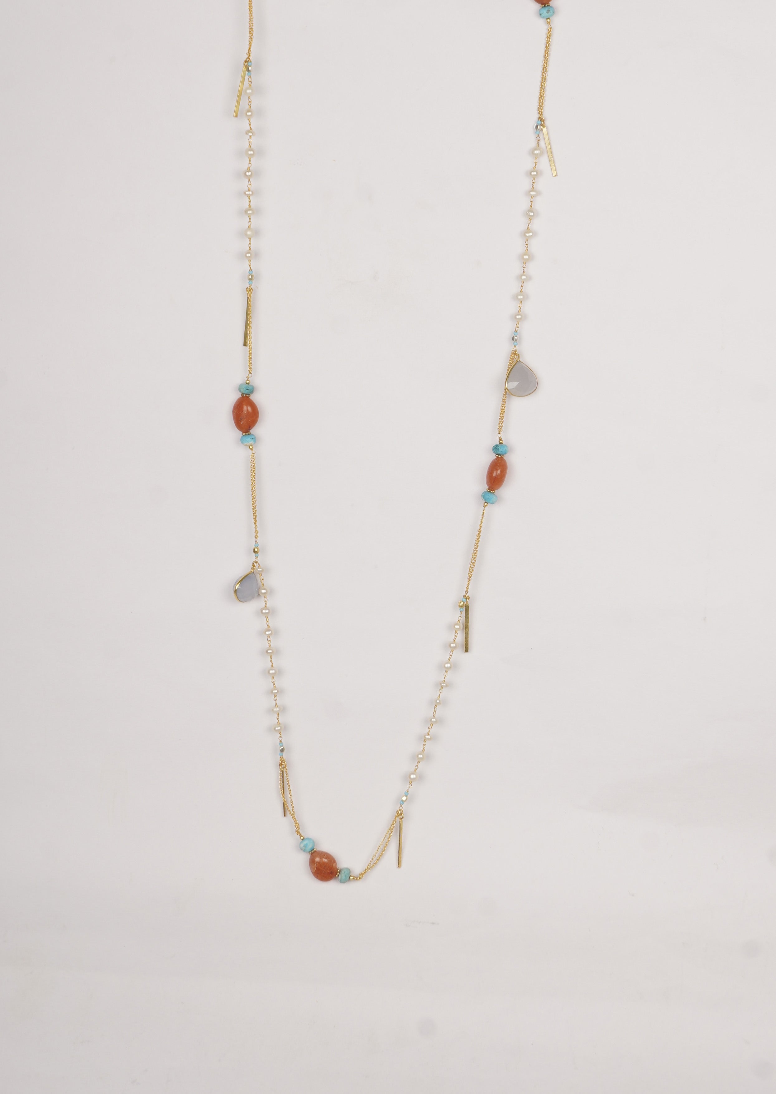 Eternal Radiance Long Necklace with Freshwater Pearls, Turquoise, Carnelian and Chalcedony