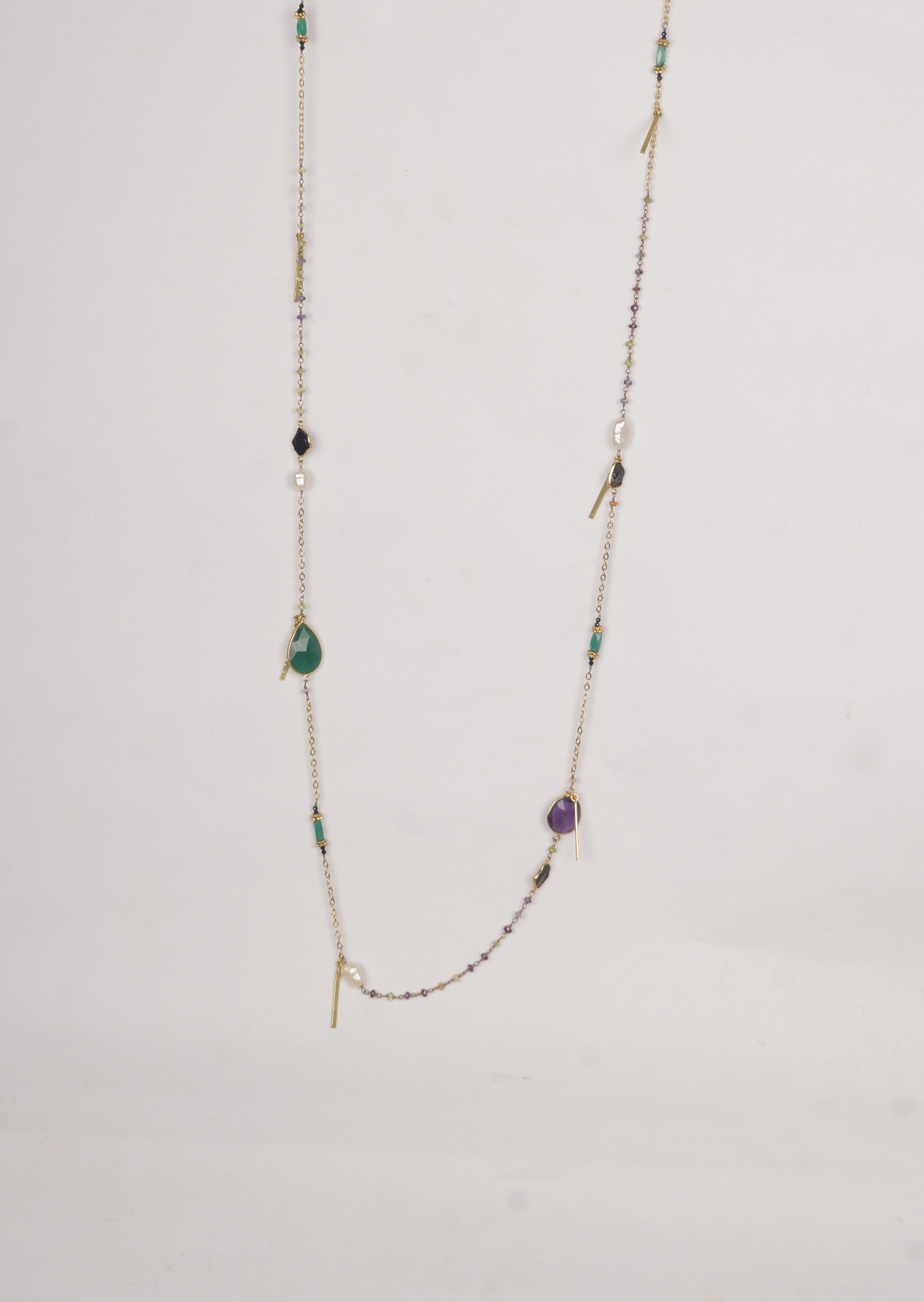 Elegance Long Chain Necklace - Amethyst, Green Onyx, Baroque Pearls and Tourmaline