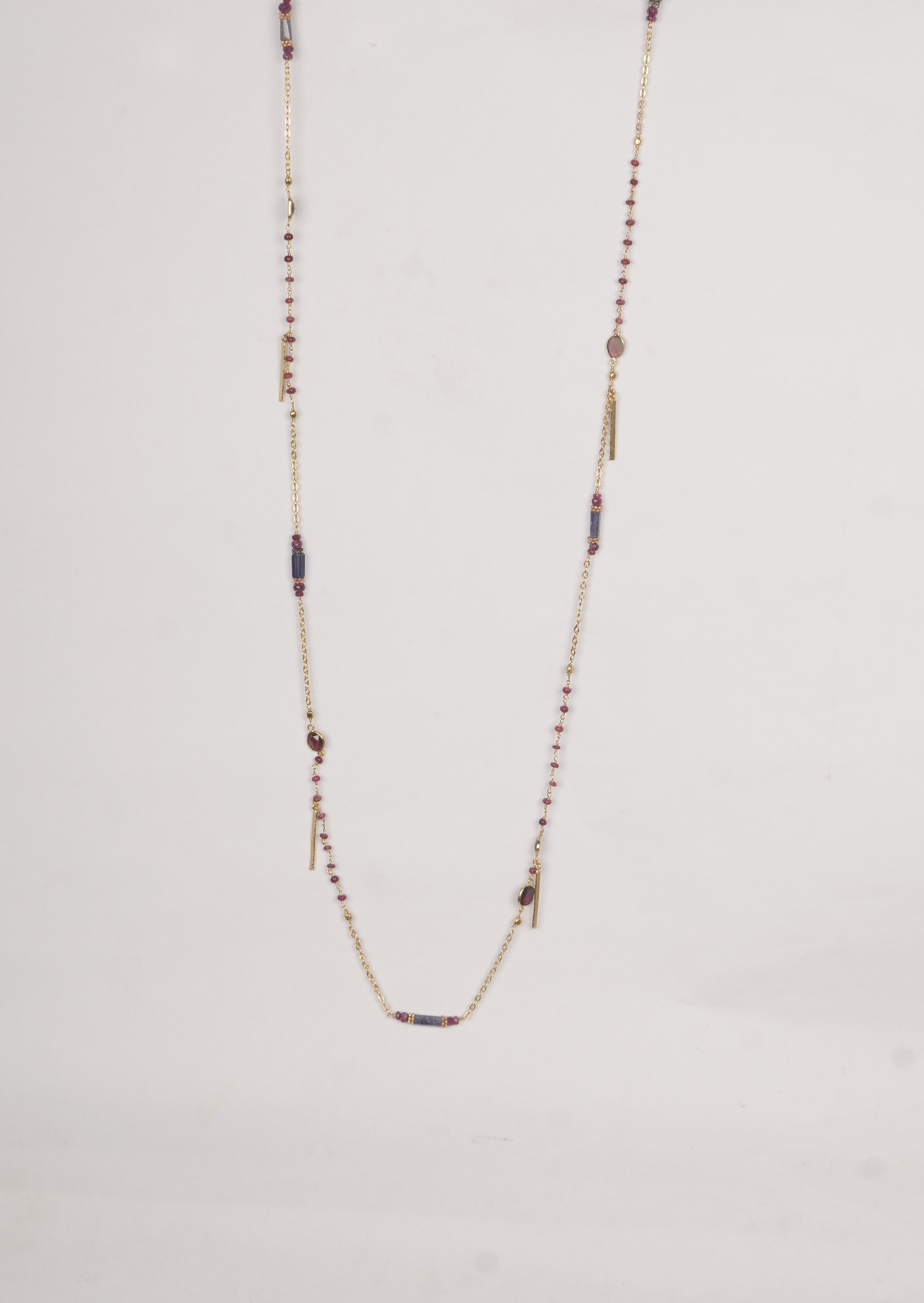 Eternal Ruby Harmony Long Chain Necklace - Lolite, and Garnet gemstones