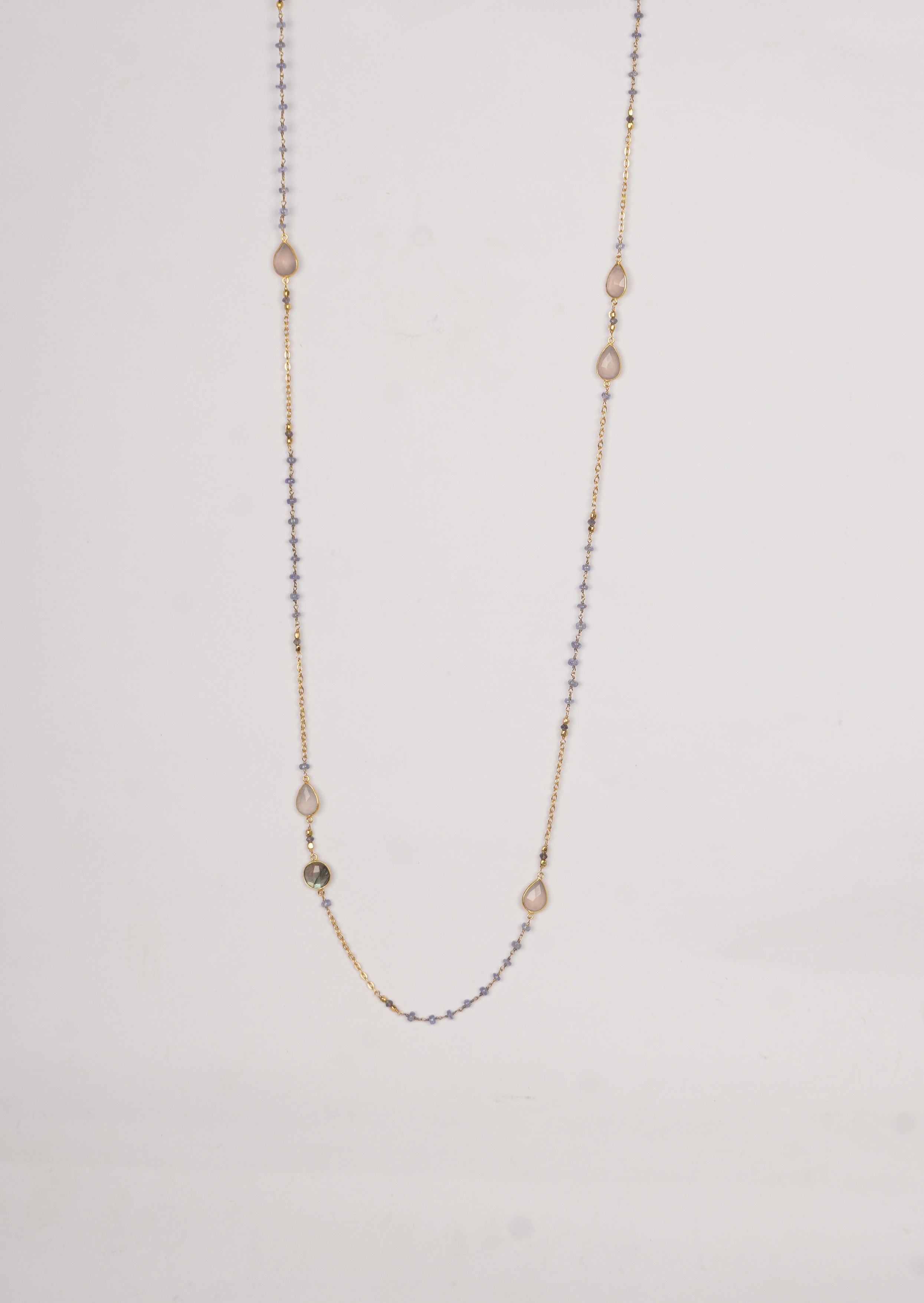 Celestial Sapphire Radiance Long Necklace – Blue Sapphire, Rose Quartz & Labradorite