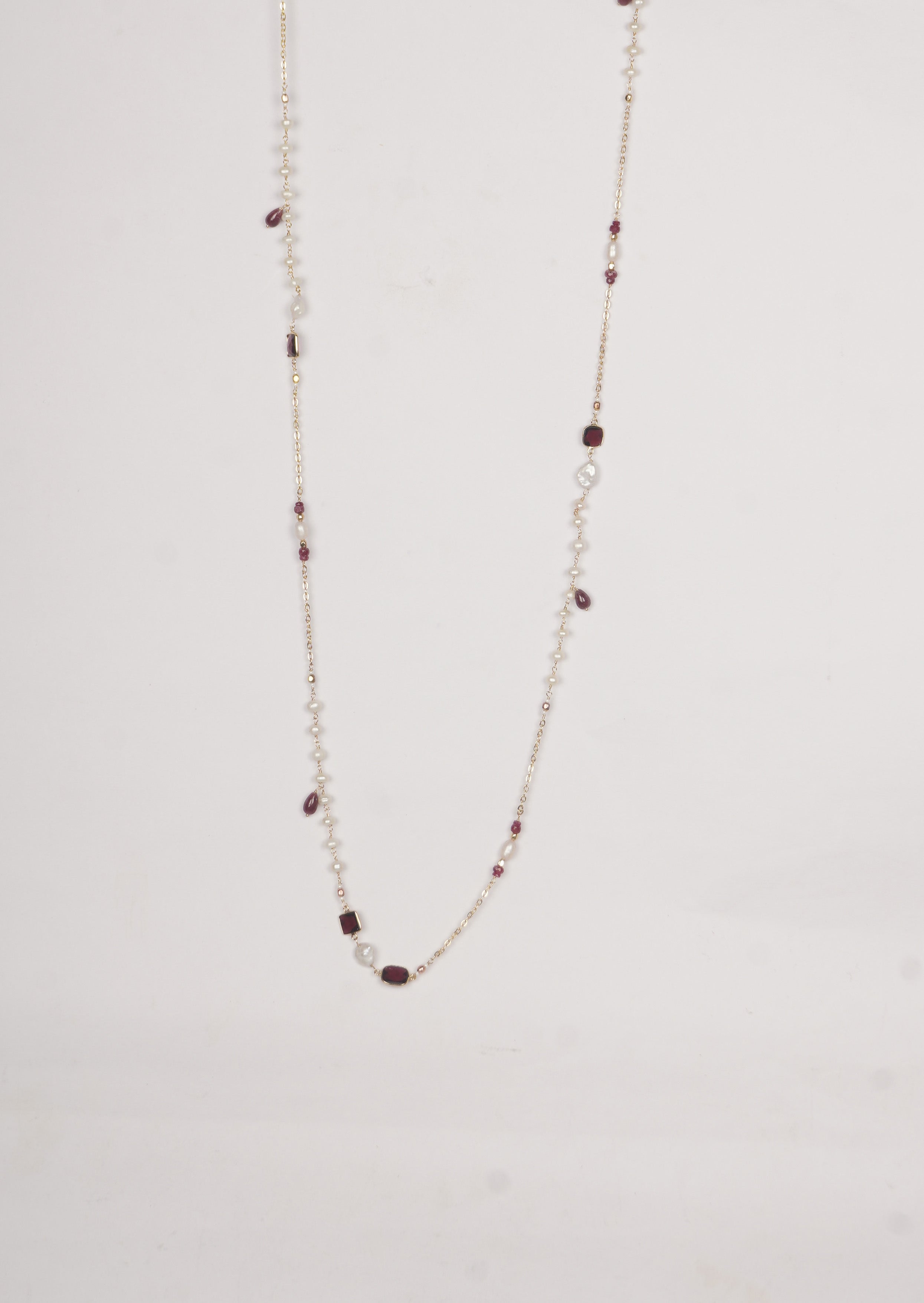 Opulent Ruby Pearl Long Chain Necklace