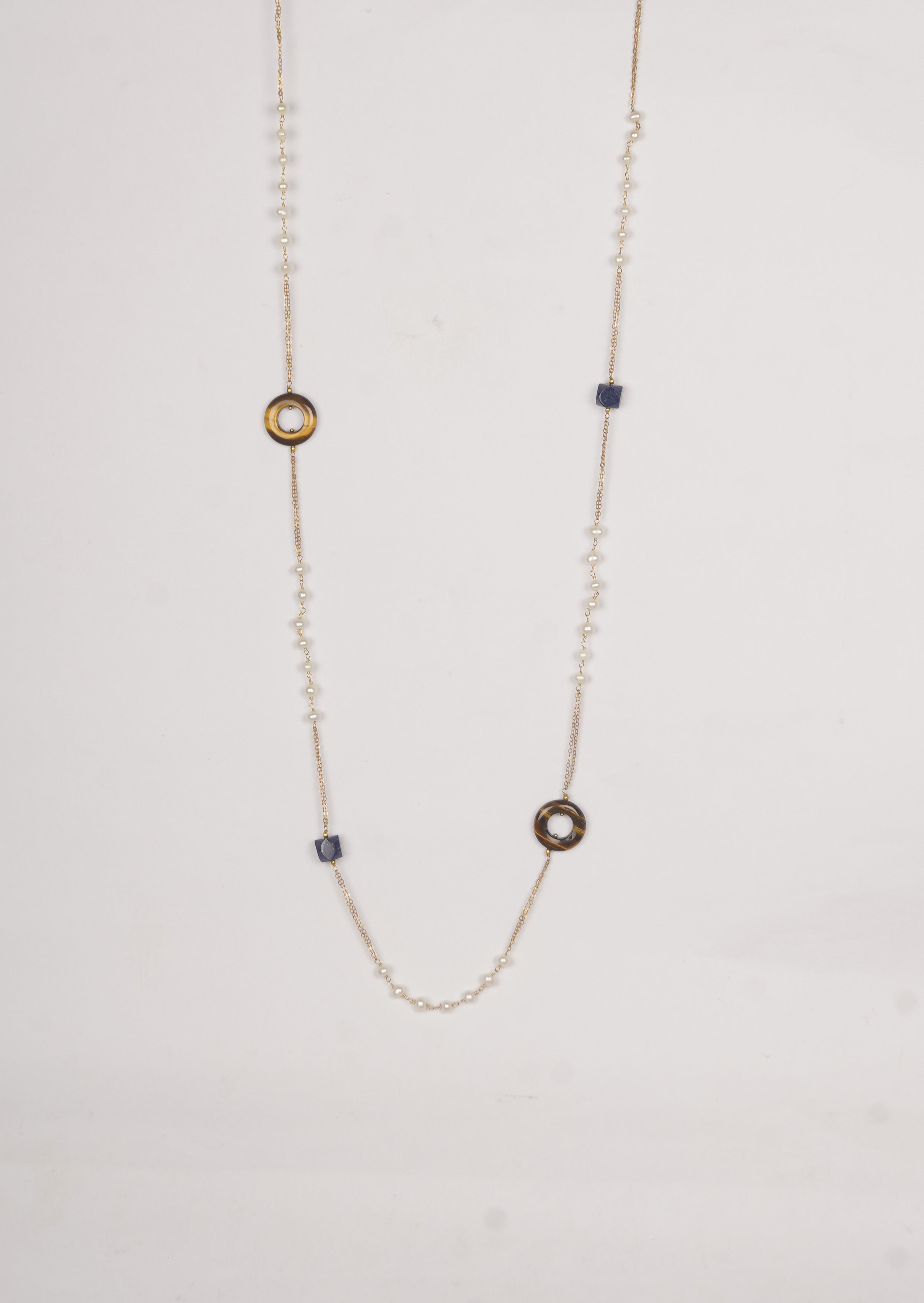 Celestial Harmony Long Necklace: 1148mm Freshwater Pearls, Tiger Eye & Lapis Lazuli