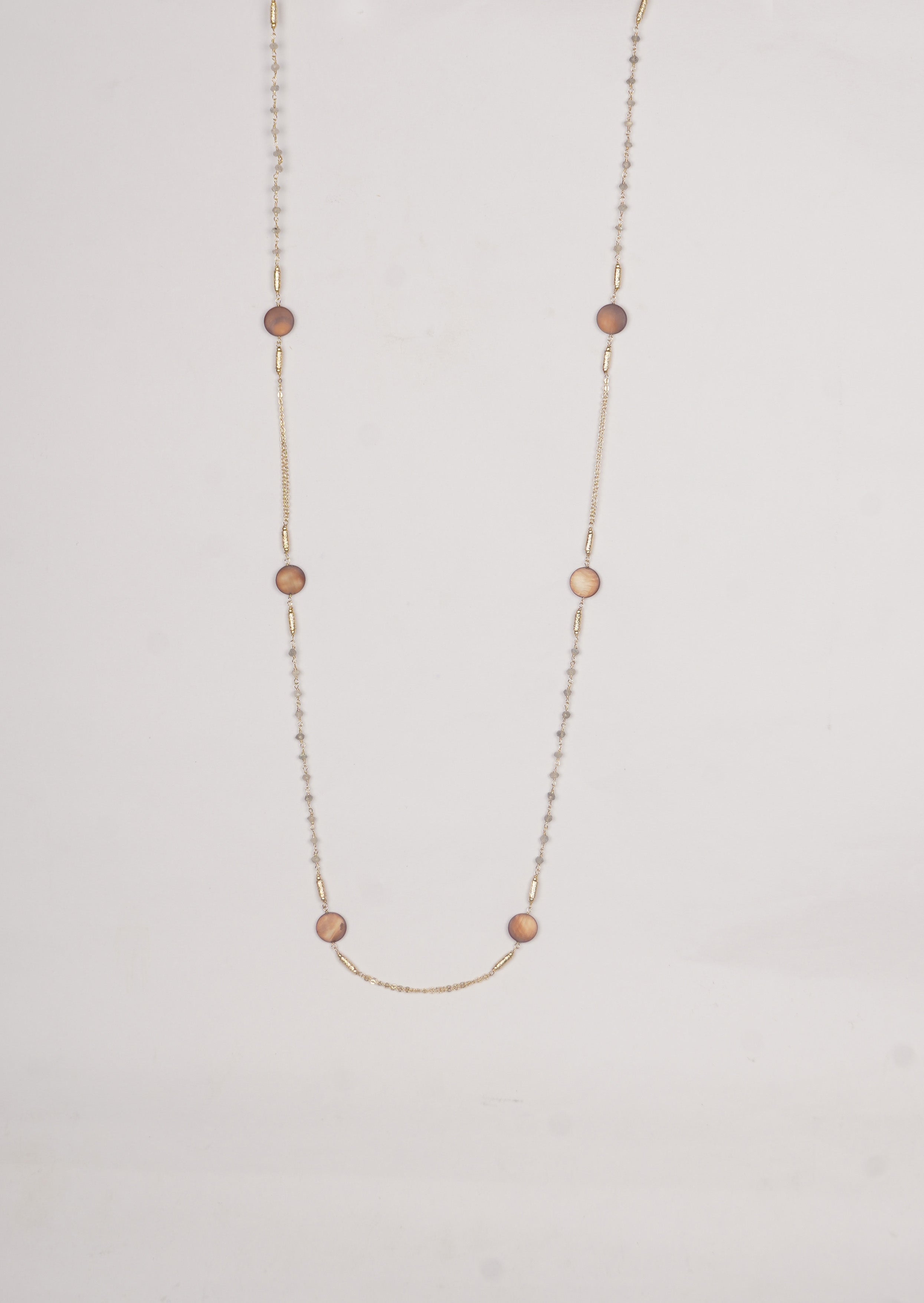 Luminous Labradorite and Coin Shell Long Chain Necklace