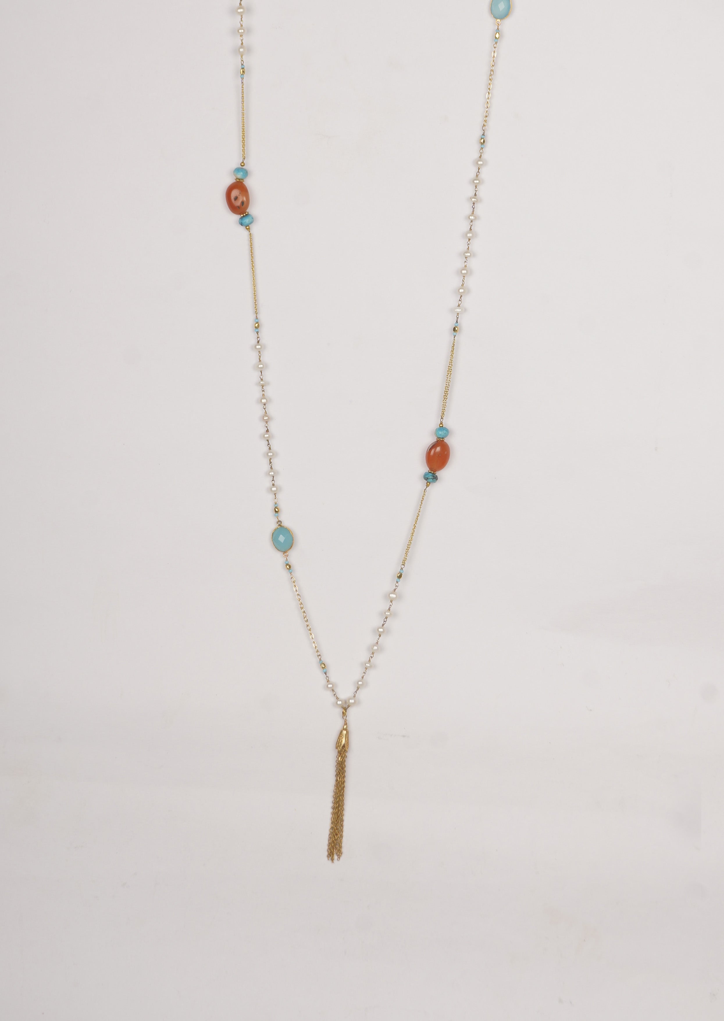 Ethereal Pearl Harmony Long Chain Necklace with Turquoise, Coral And Chalcedony
