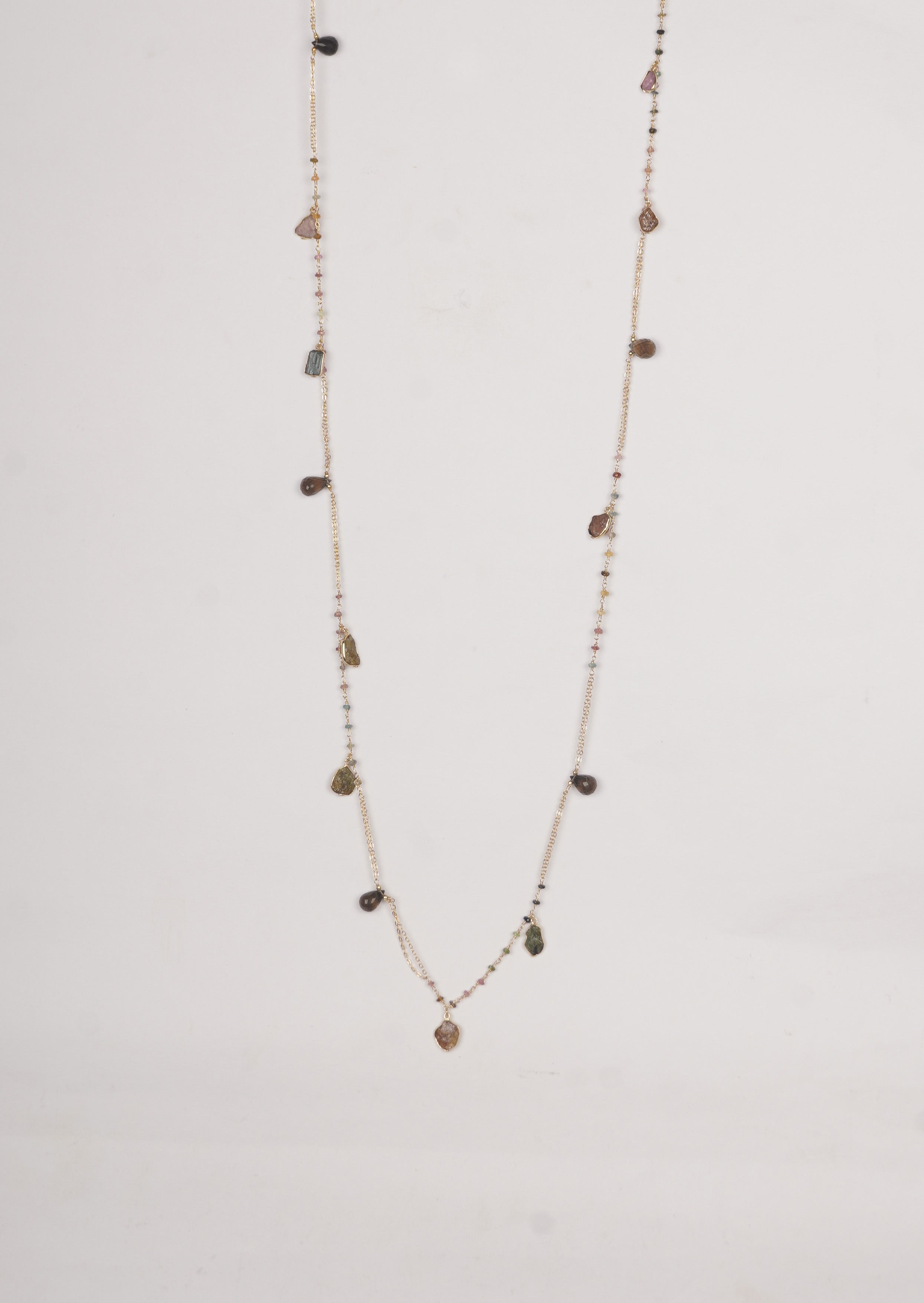 Mystic Tourmaline Elegance Long Chain Necklace With Smoky Quartz gemstones
