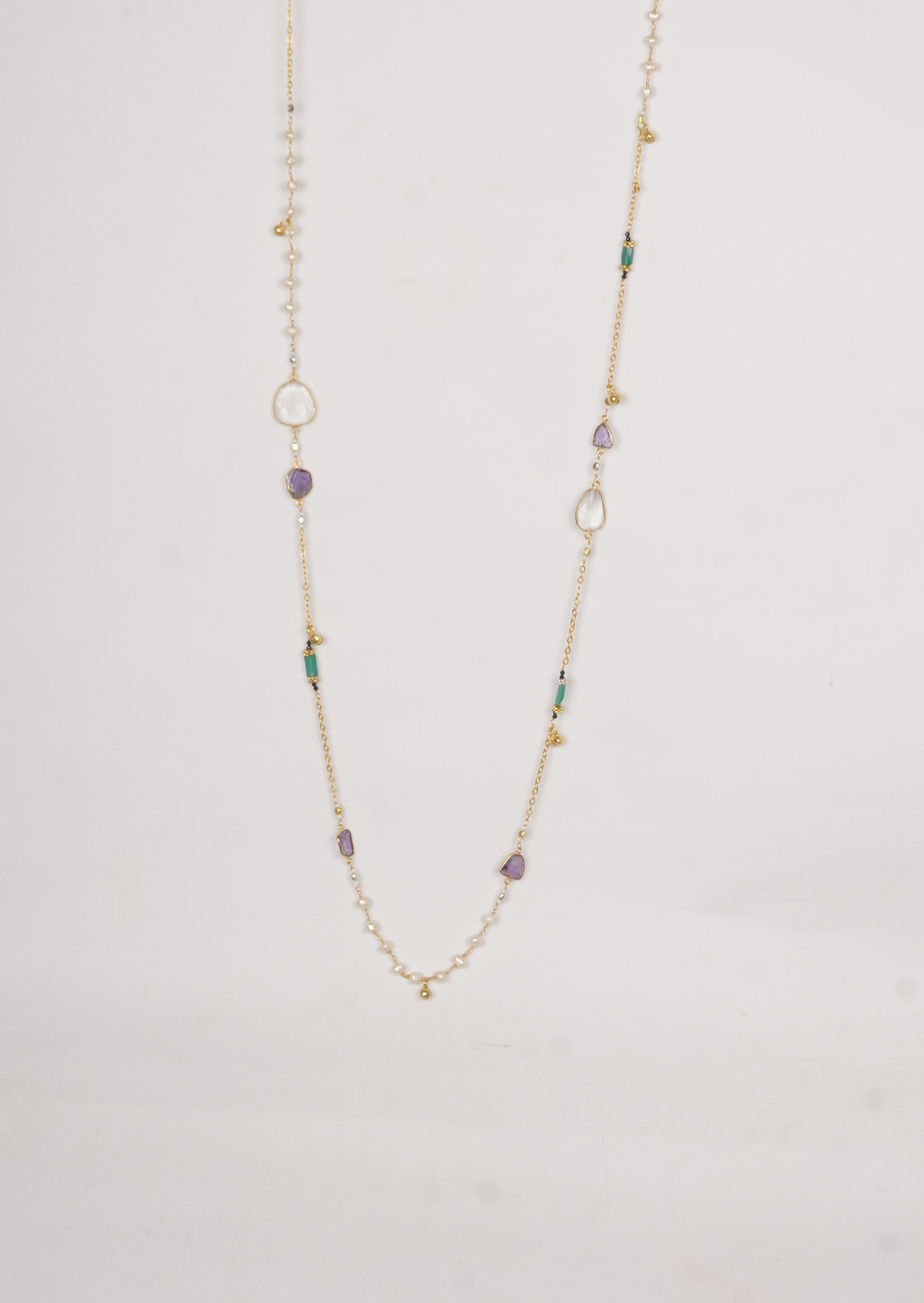 Ethereal Amethyst Pearls Long Chain Necklace with Green Onyx