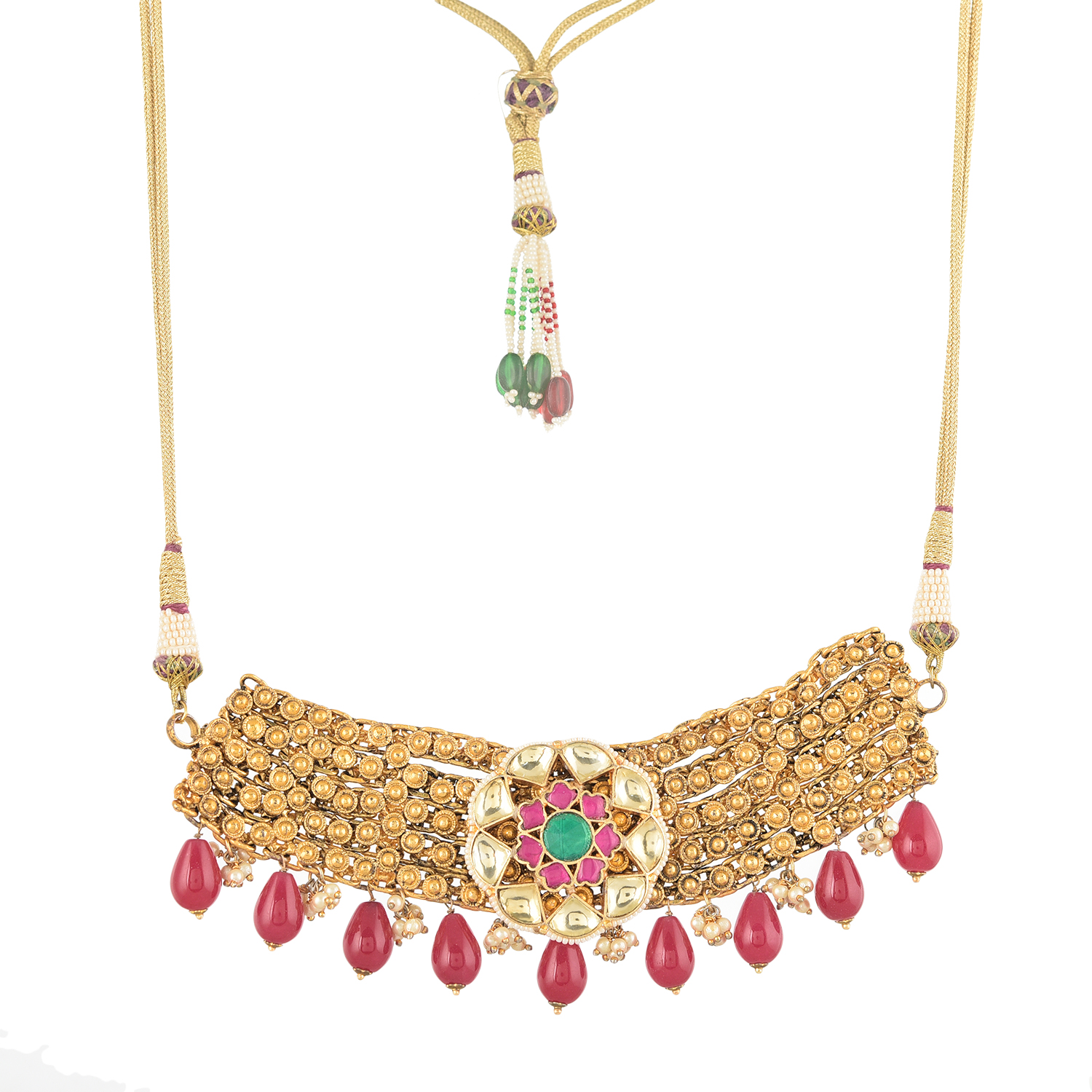 Noor Aarna Choker Set: Gold-Plated Choker with Kundan Details, Ruby Red Stones & Pearls