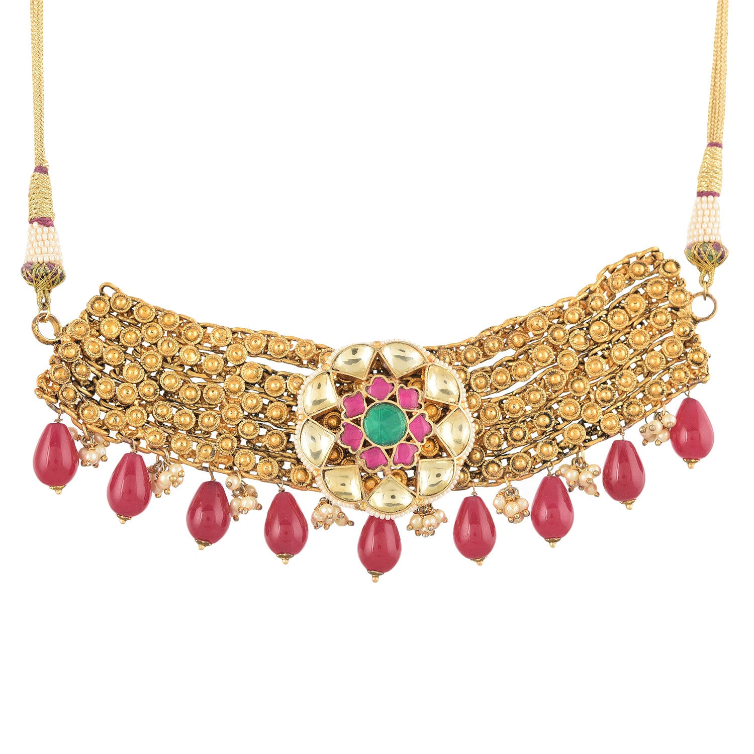 Noor Aarna Choker Set: Gold-Plated Choker with Kundan Details, Ruby Red Stones & Pearls
