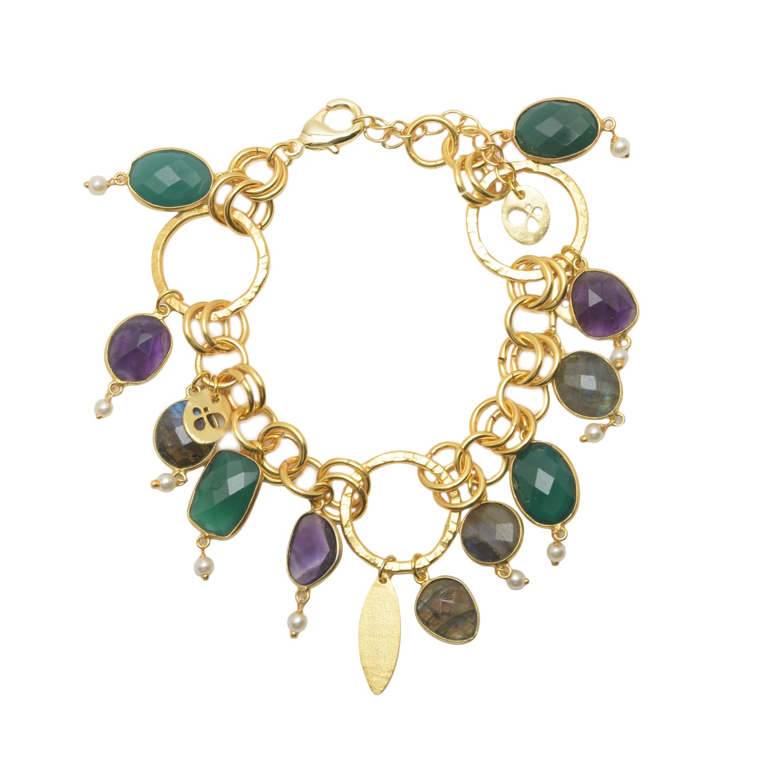 Devi Bracelet: Gold-Plated Bracelet with Onyx, Amethyst, Labradorite, and Freshwater Pearls