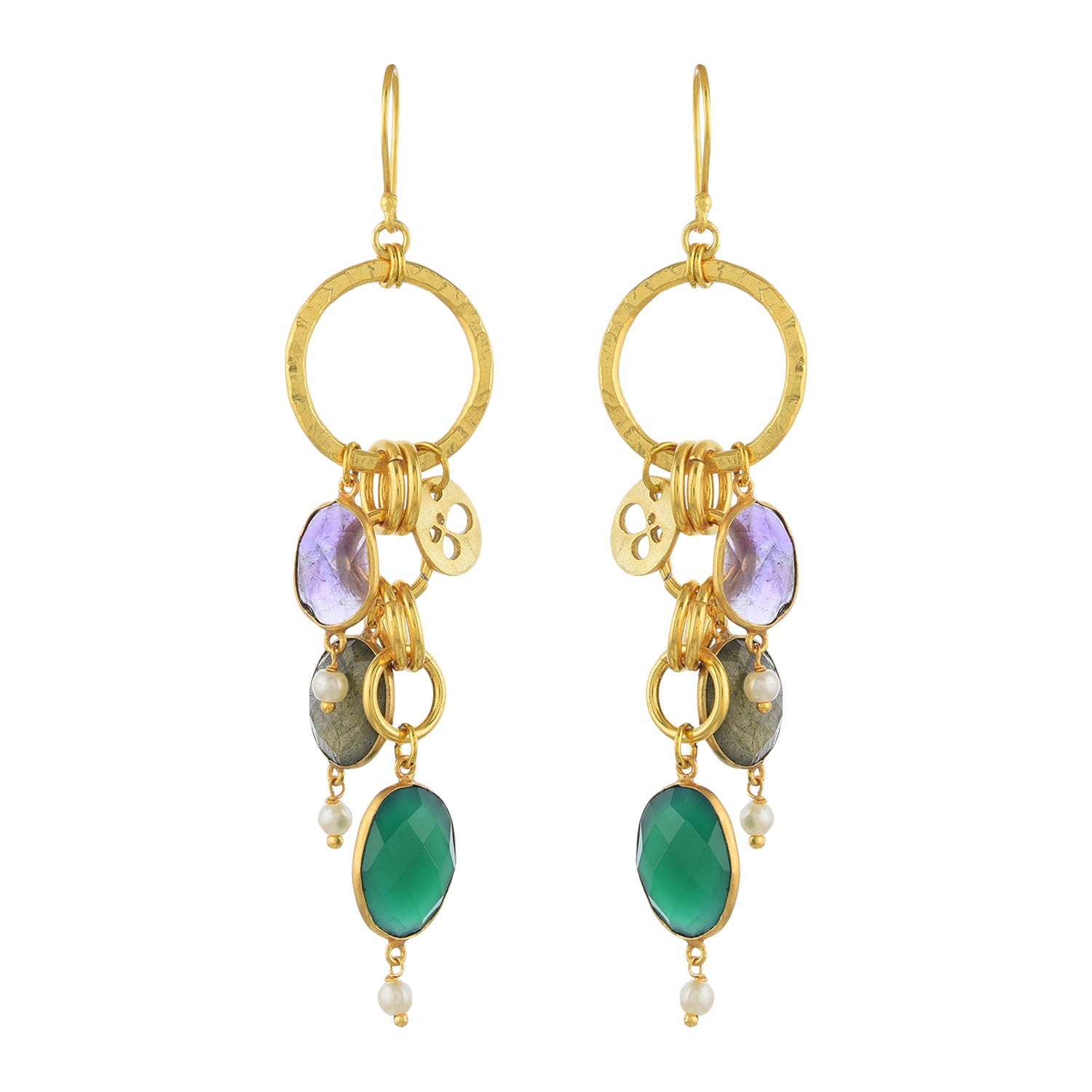 Devi Chain Earrings: Gold-Plated Drop Earrings with Precious Stones & Pearls