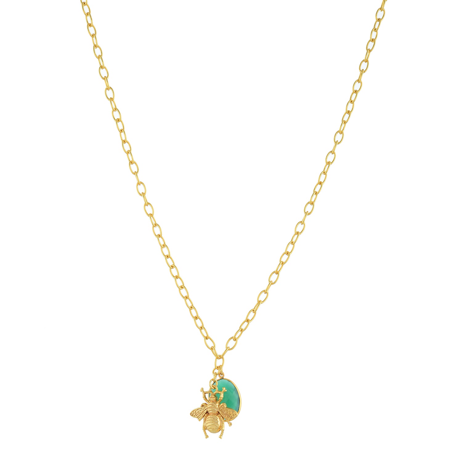 Devi Charm Necklace: Gold-Plated Pendant with Onyx & Handcrafted Honeybee Charm