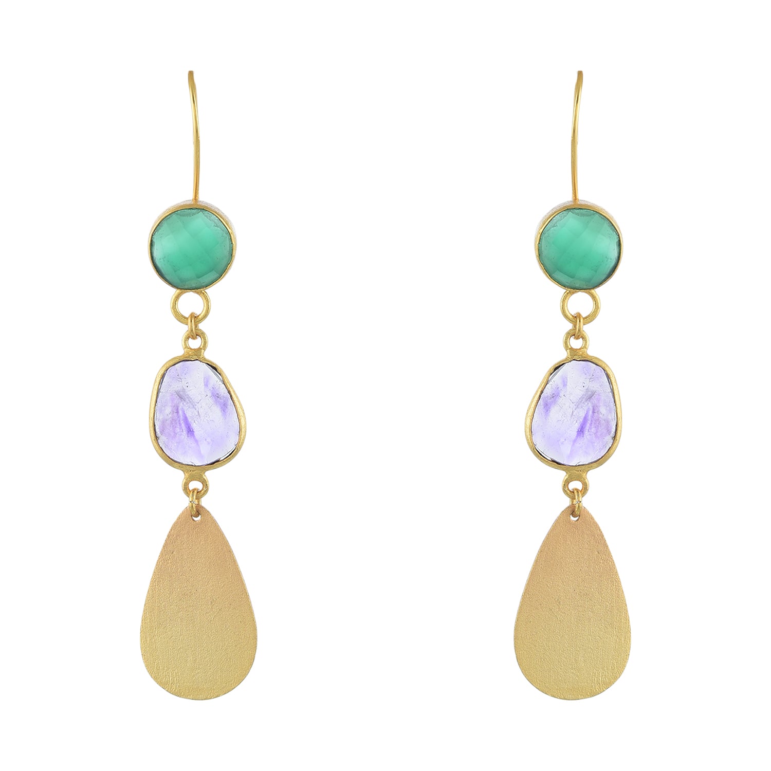 Devi Earrings: 7.5 cm Gold-Plated Drop Earrings with Glossy Onyx & Amethyst Stones