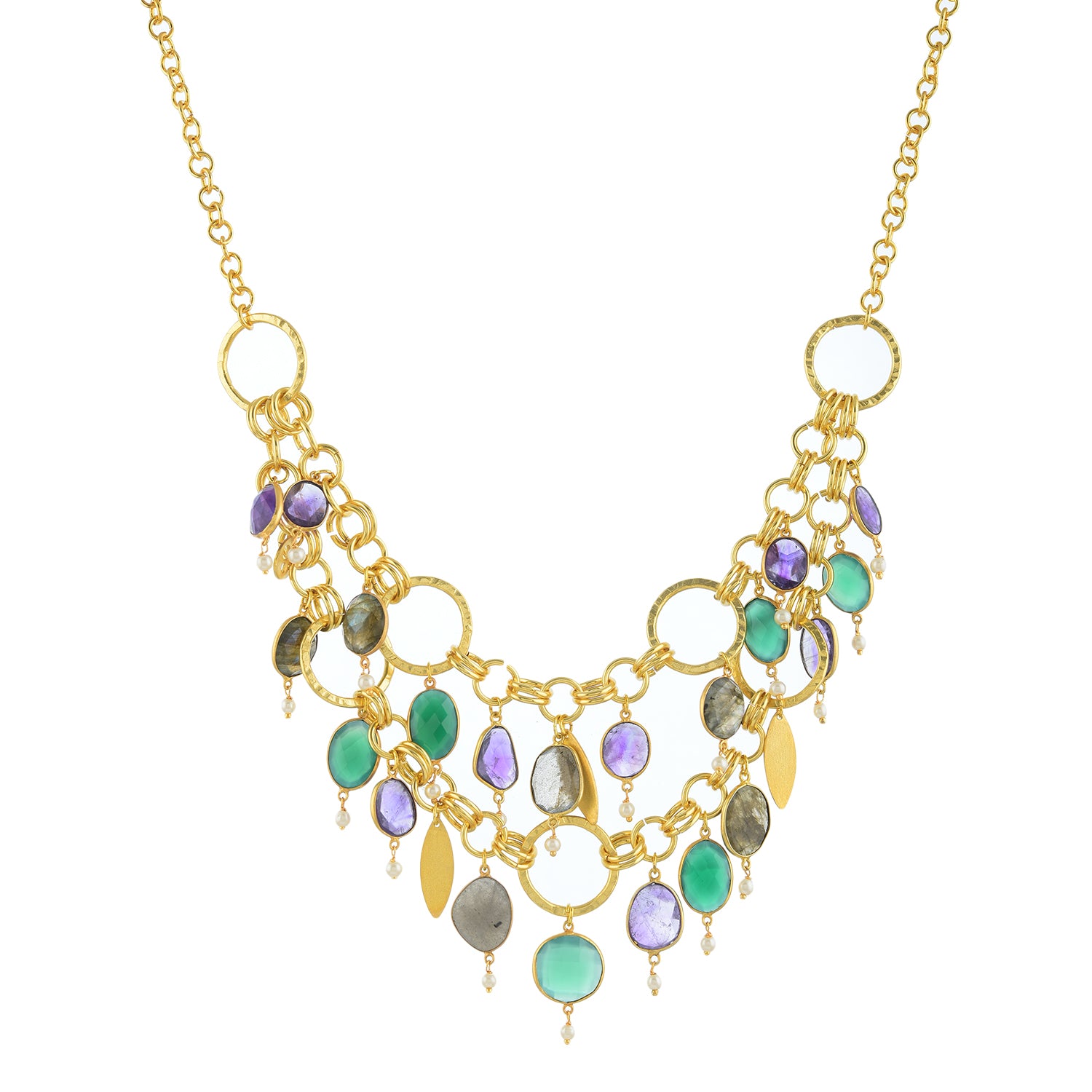 Devi Statement Necklace: Gold-Plated 56 cm Necklace with Onyx, Amethyst, Labradorite & Freshwater Pearls