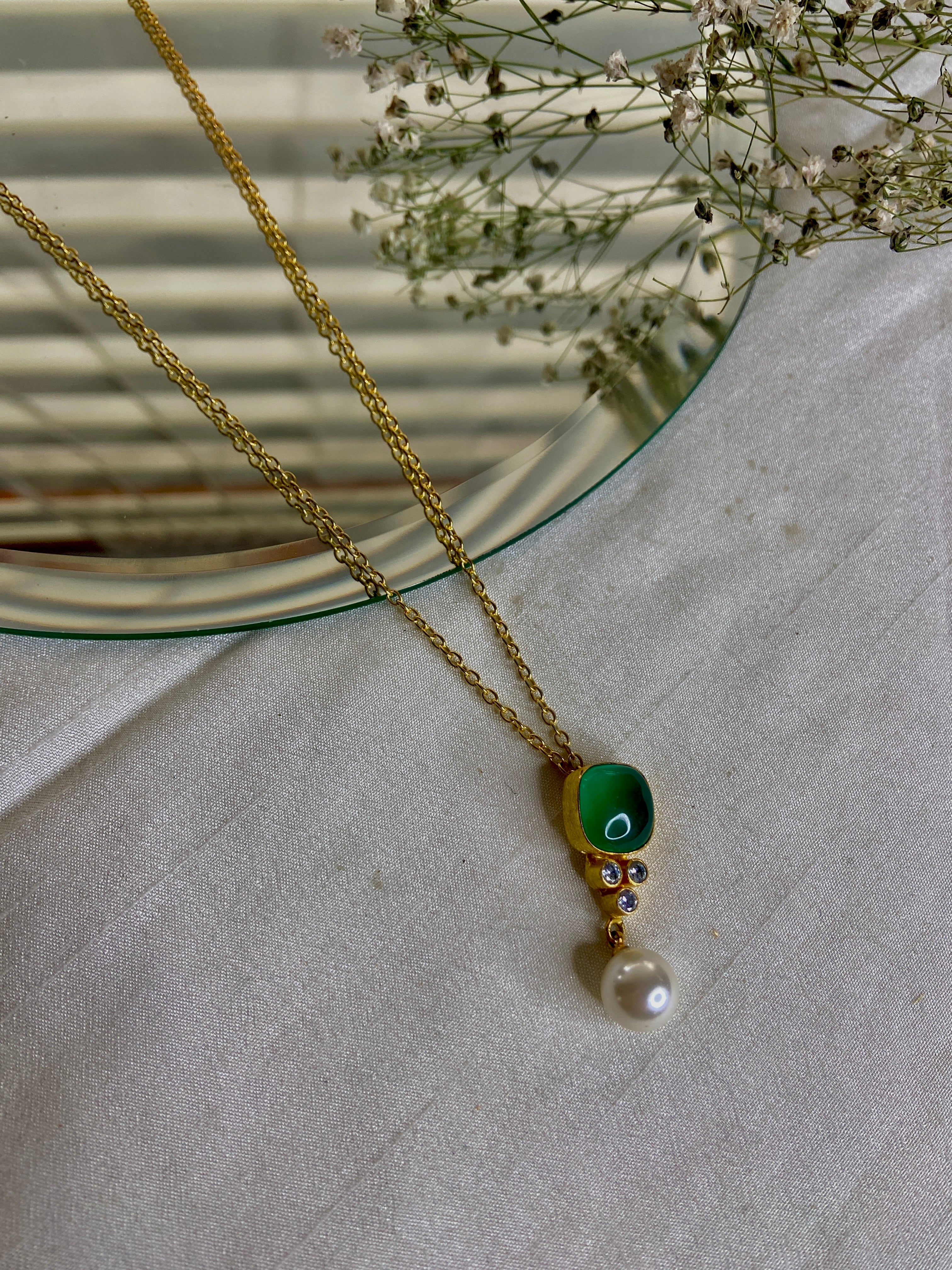 Devi Pearl Drop Necklace: Gold-Plated Necklace with Pearl Drop & Emerald Pendant