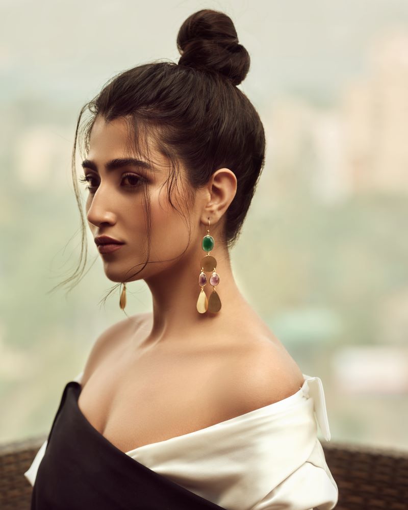 Devi Earrings: 2-Inch Gold-Plated Earrings with Onyx & Amethyst Stones