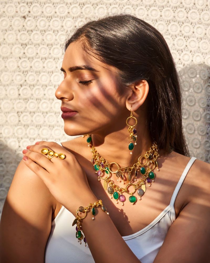 Devi Earrings: 2-Inch Gold-Plated Earrings with Green Onyx, Labradorite & Amethyst