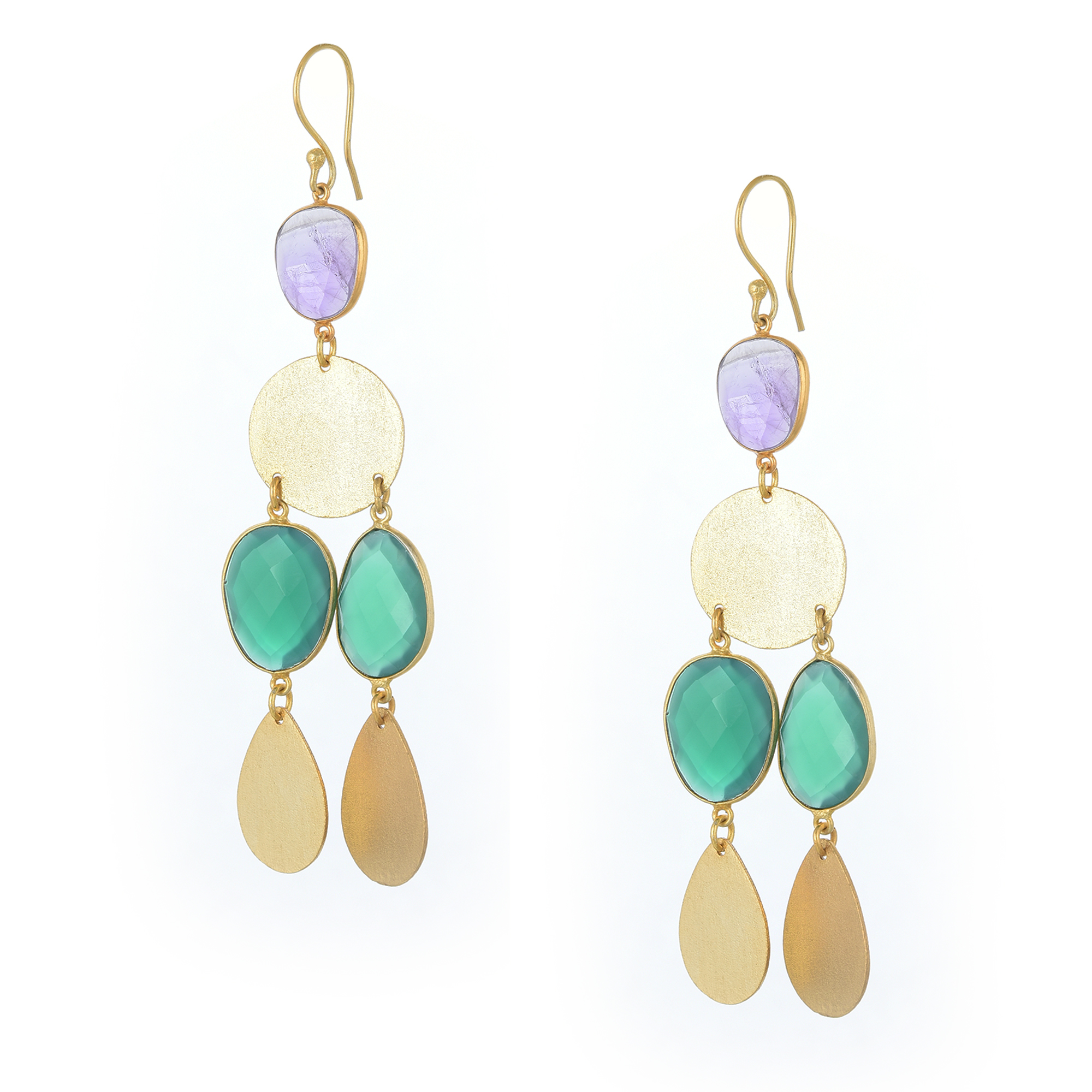 Devi Earrings: 2-Inch Gold-Plated Earrings with Onyx & Amethyst Stones