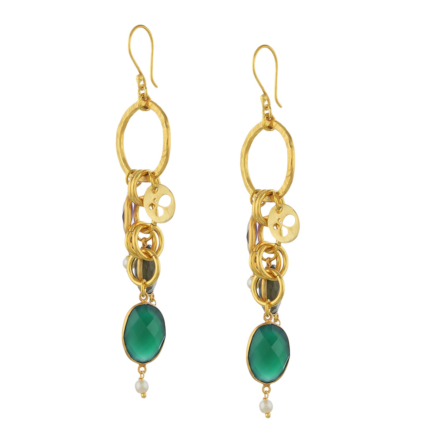Devi Earrings: 2-Inch Gold-Plated Earrings with Green Onyx, Labradorite & Amethyst